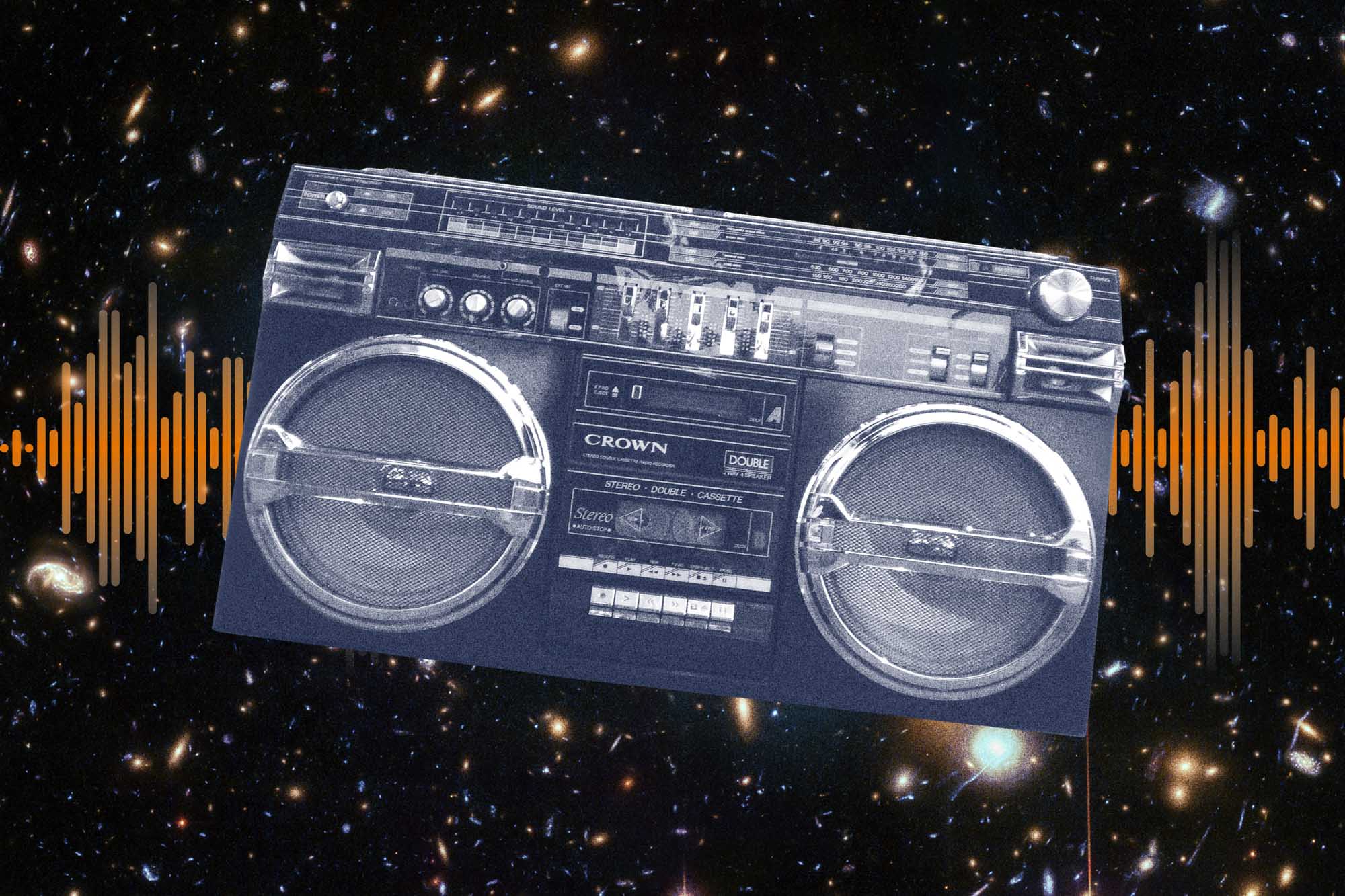 Illustration of a boombox and space and audio waves in the background