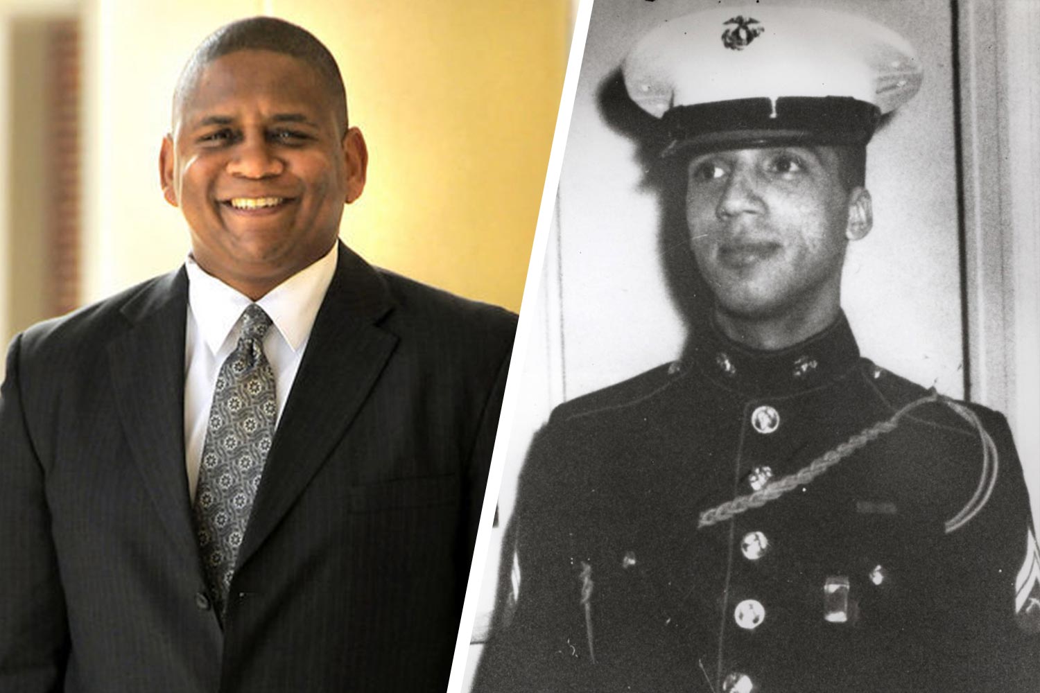 Left: John Hollis headshot. Right: Black and White headshot of U.S. Marine Sgt. Rodney M. Davis