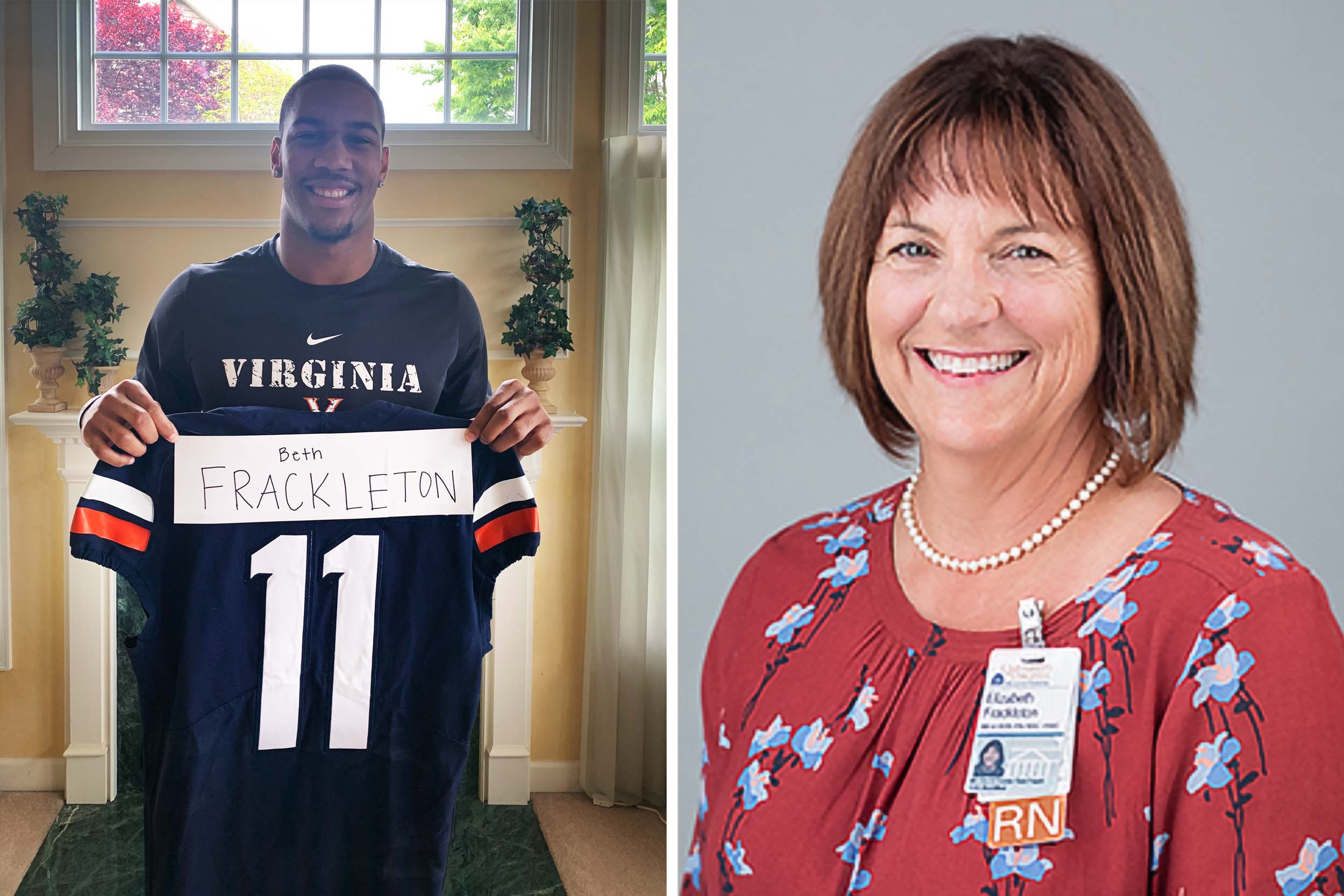 Left Linebacker Charles Snowden holds up a UVA football jersey with a piece of paper at the name that reads Beth Frackleton. Right: Beth Frackleton headshot