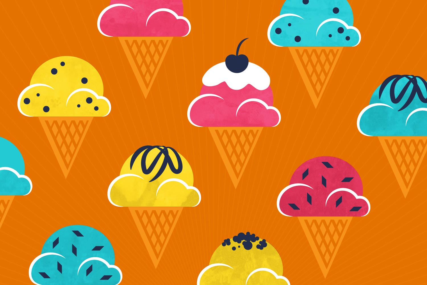 Illustration of various colored ice cream in orange cones