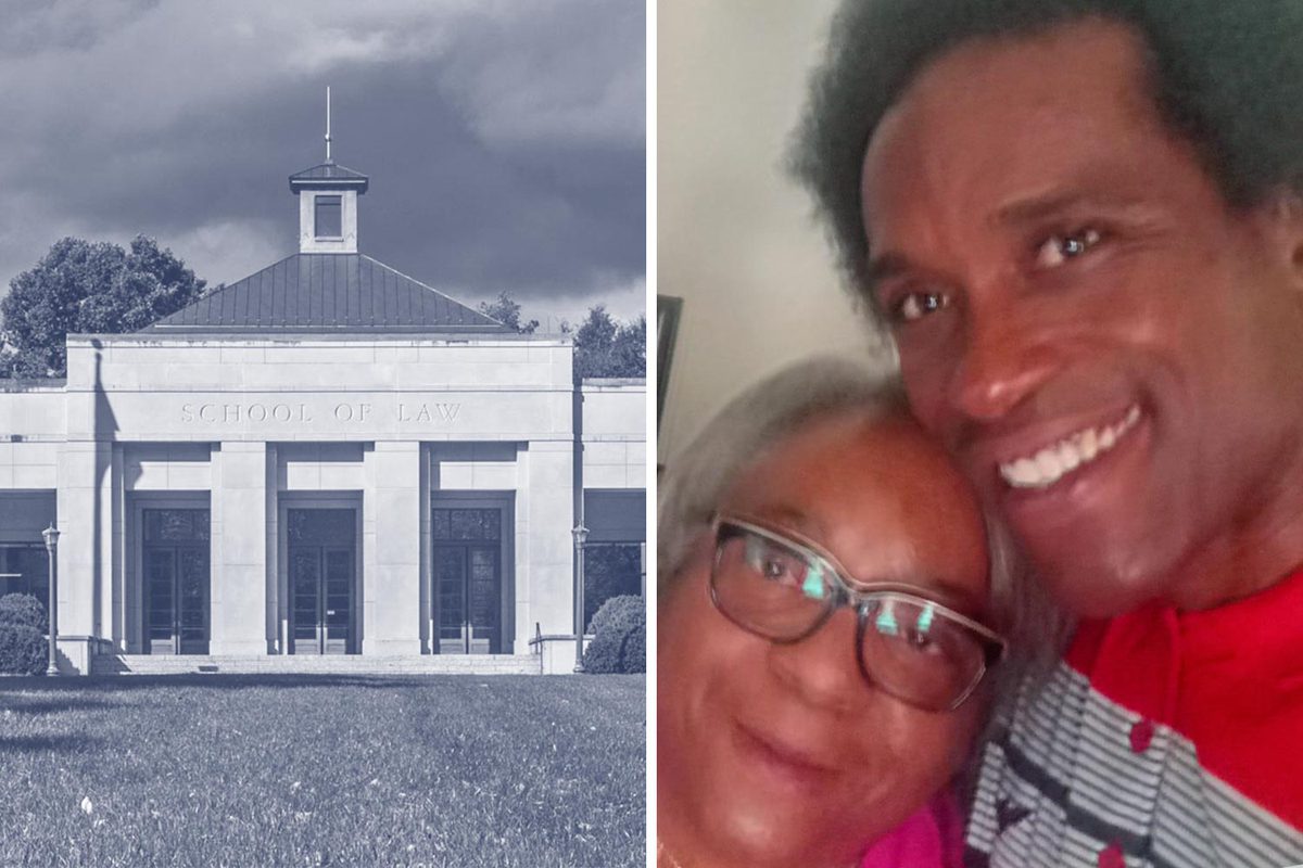 Left: school of law building Right: Bobbie Morman jr. and his mom