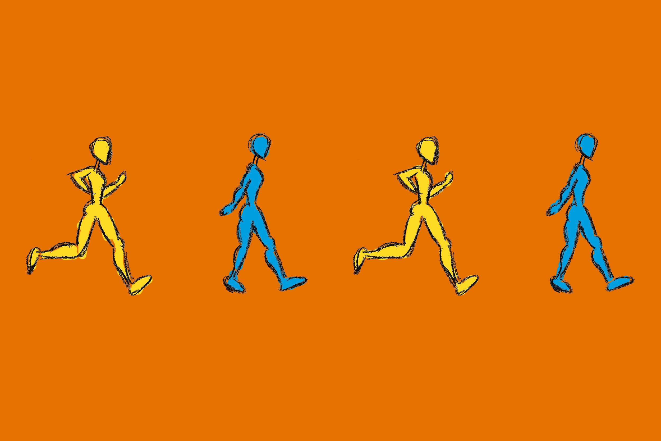 Illustrated people moving across the image.  two are running and two are walking