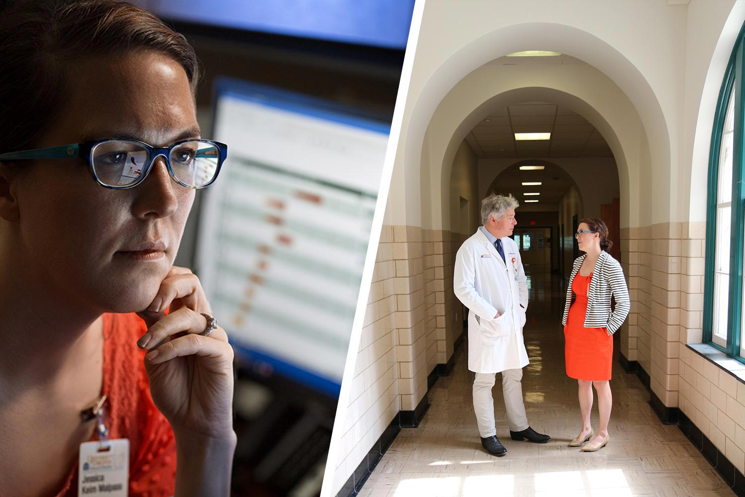 Jessica Keim-Malpass, left, looking at a computer monitor, Dr. Randall Moorman, right in long coat, talking to Jessica Keim-Malpass, right in the hallway