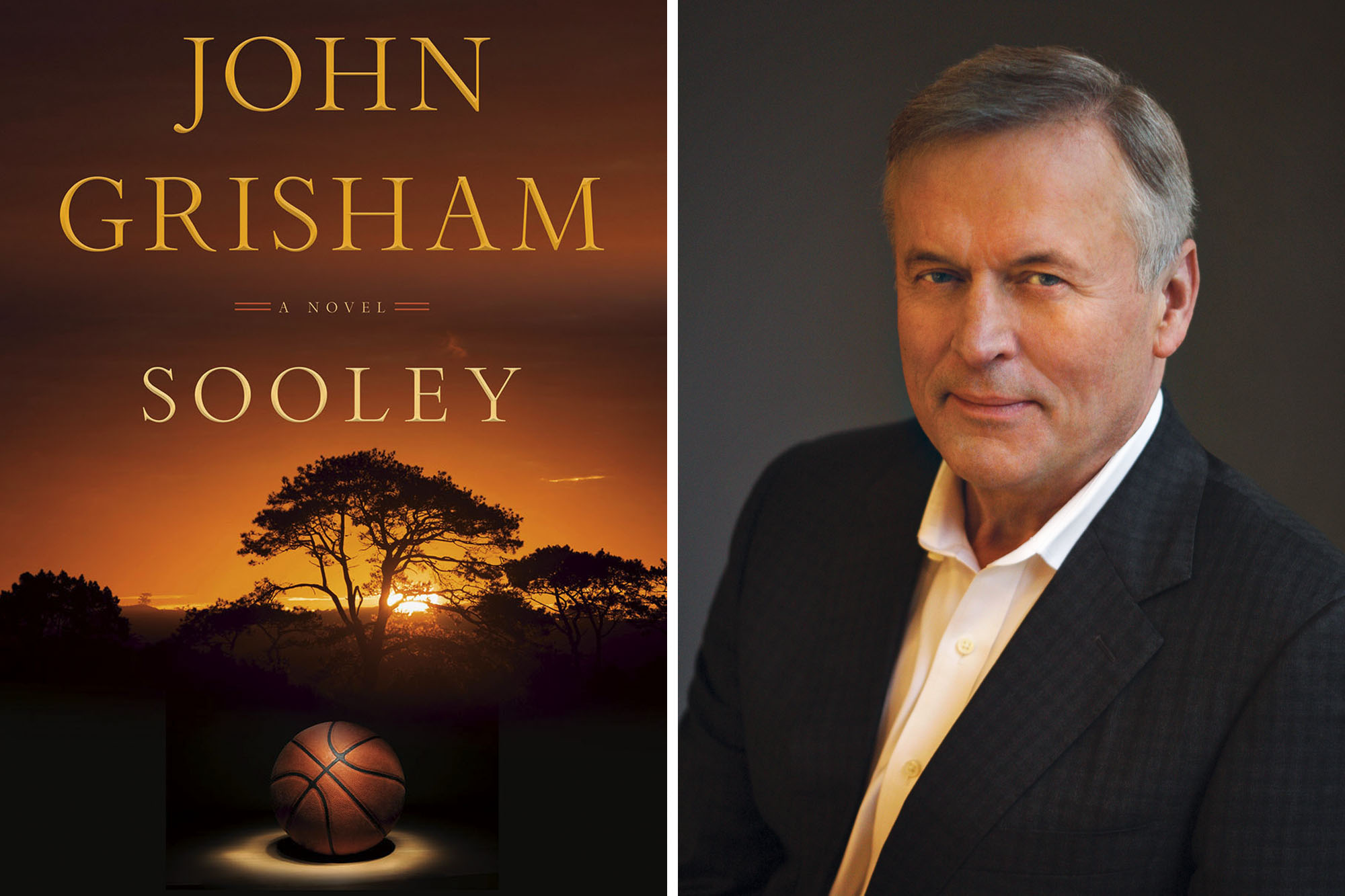 Left: book cover that reads John Grisham a novel Sooley. right: John Grisham headshot