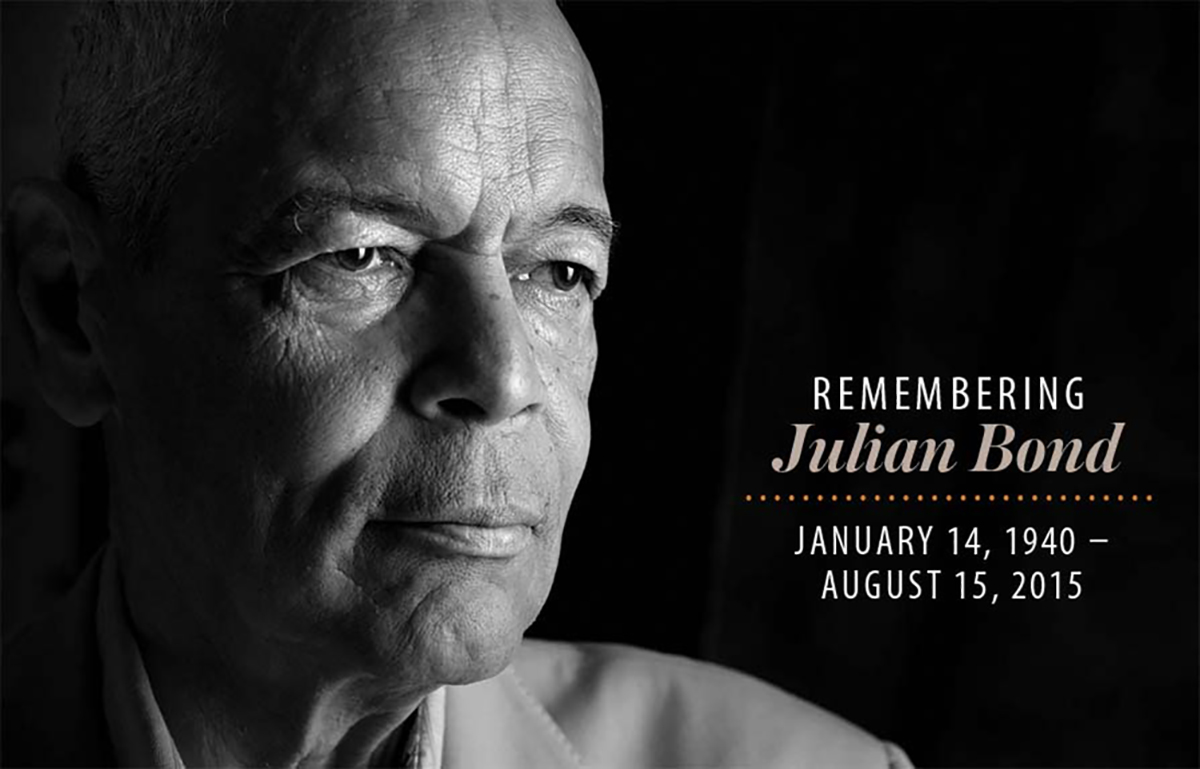 Headshot of Julian Bond with the text that reads: Remembering Julian Bond January 14, 1940 - August 15, 2015