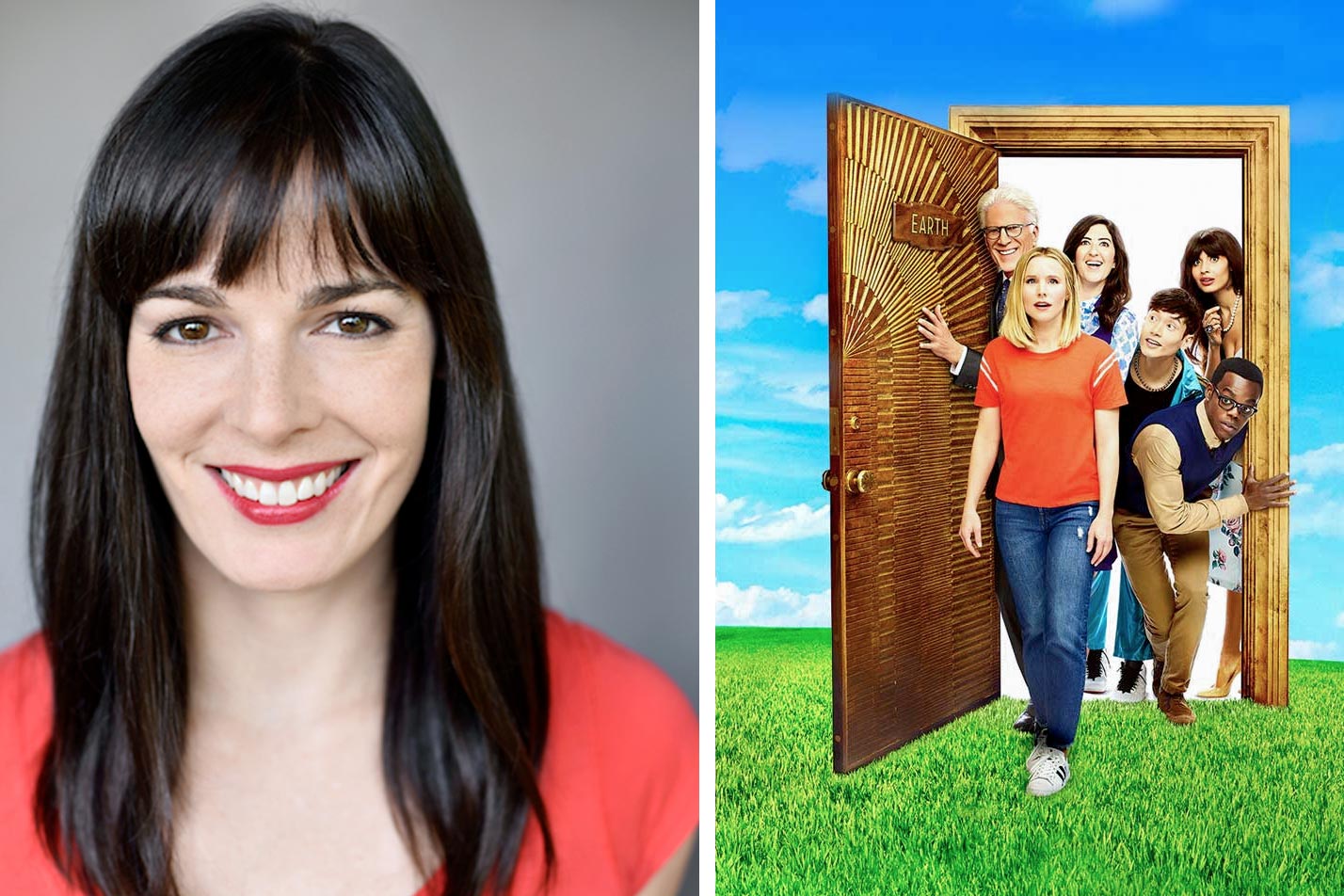 headshot Kassia Miller, left  and right: characters in the show The Good Place walking through a door into a grassy field with shocked expressions