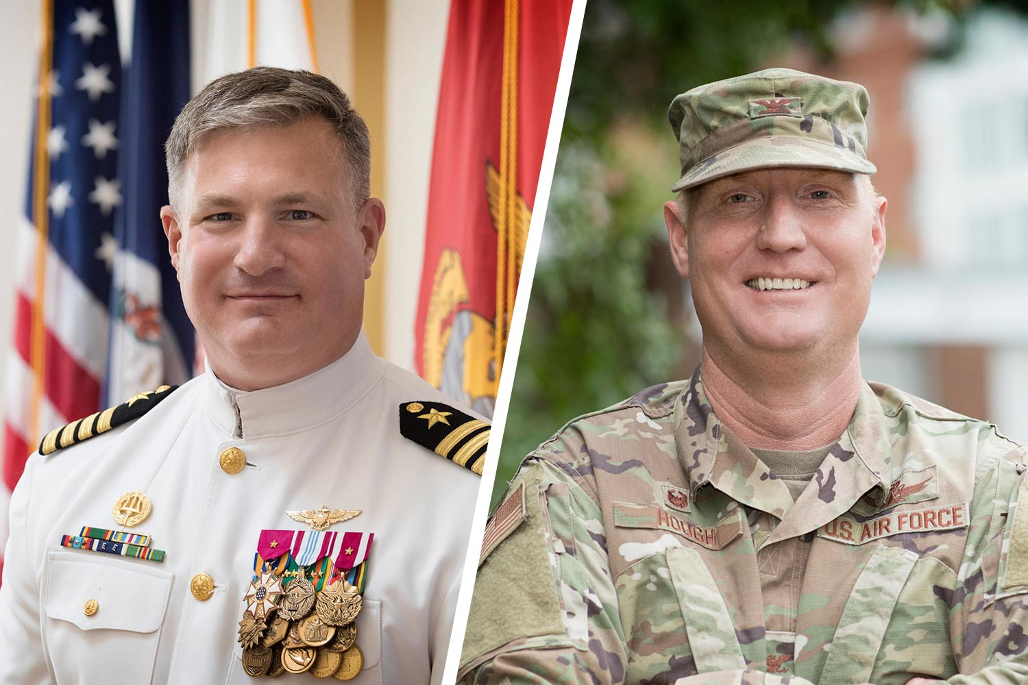 Headshots left to right: Capt. Kevin Kennedy in Navy dress uniform and Col. Michael Hough in Air force Camo 