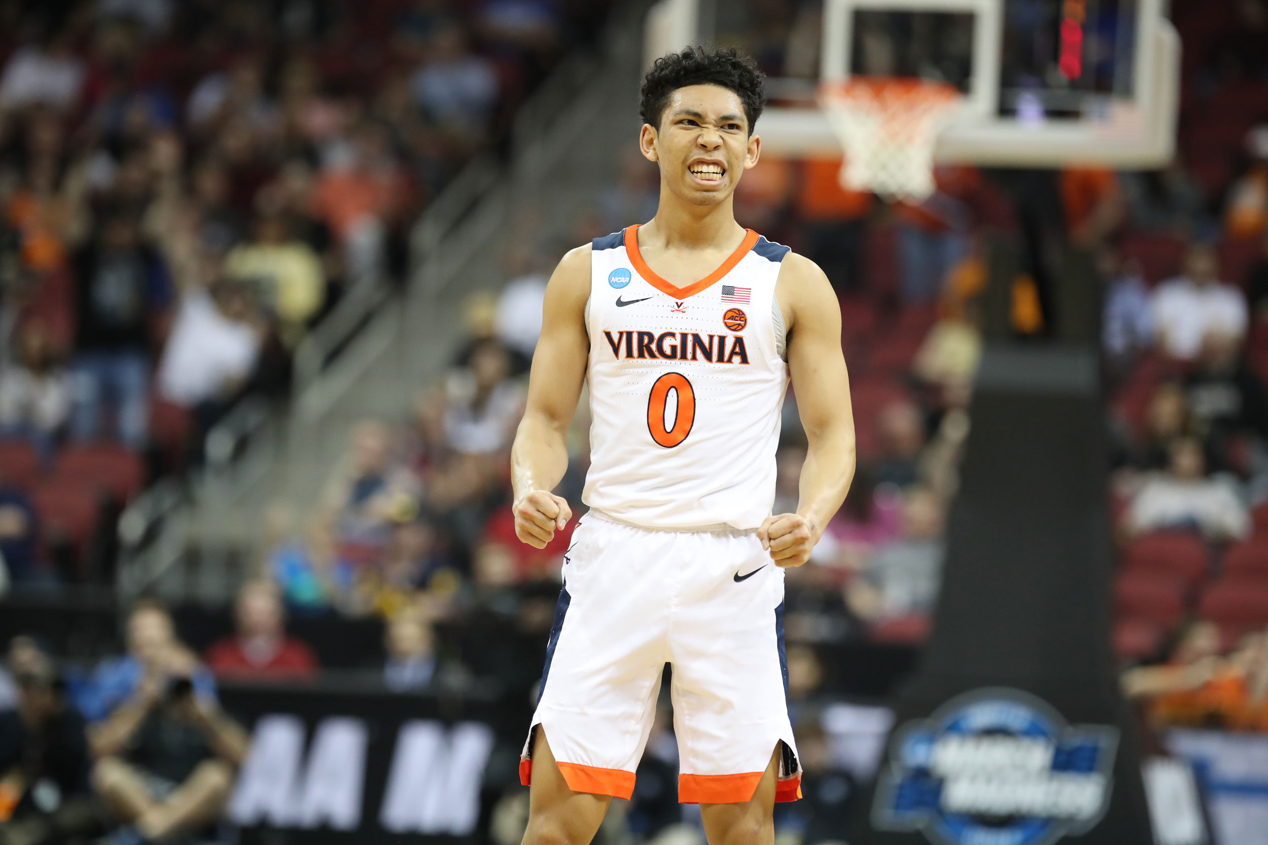 Kihei Clark celebrates on the court after a shot