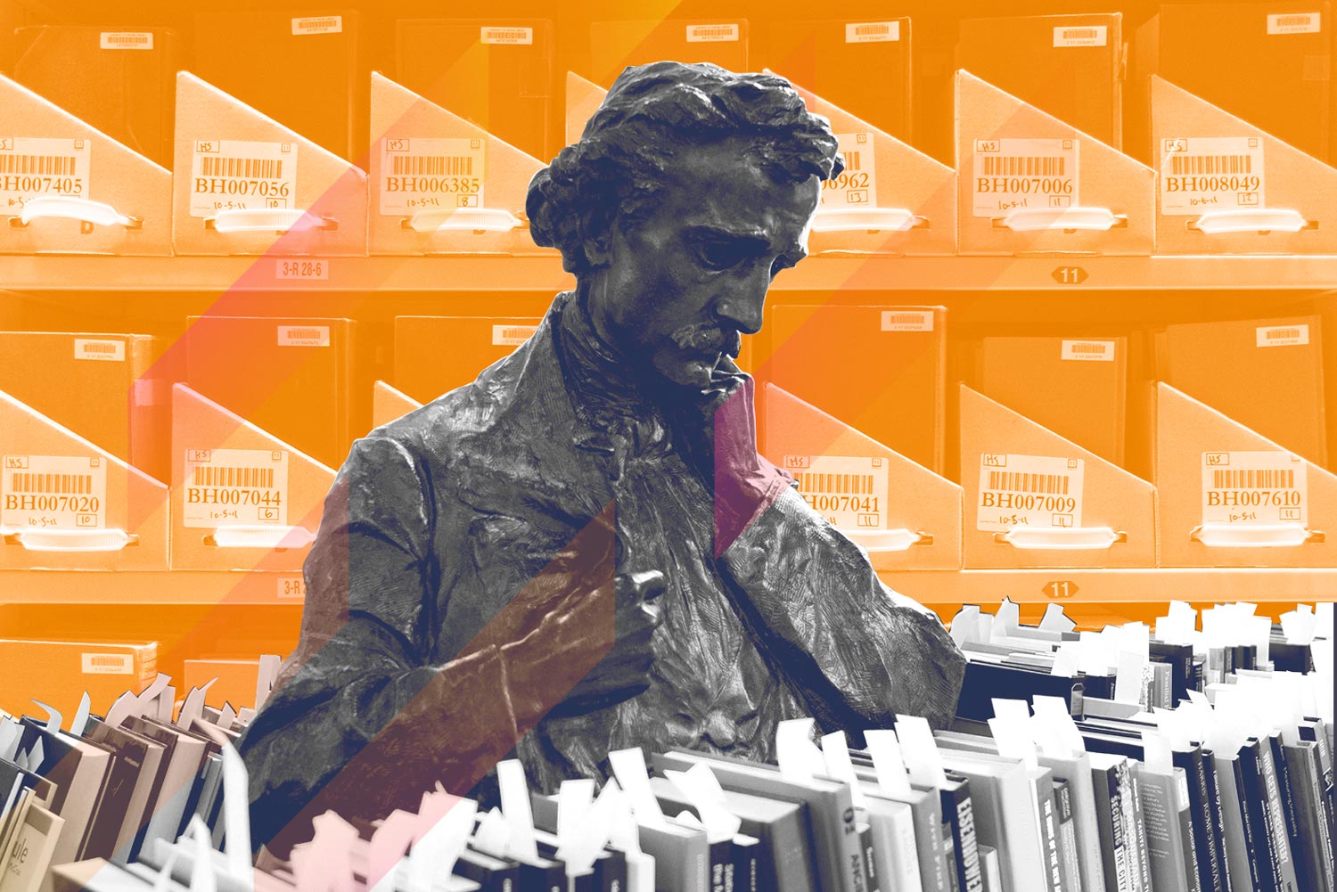 Collage of a statue on books