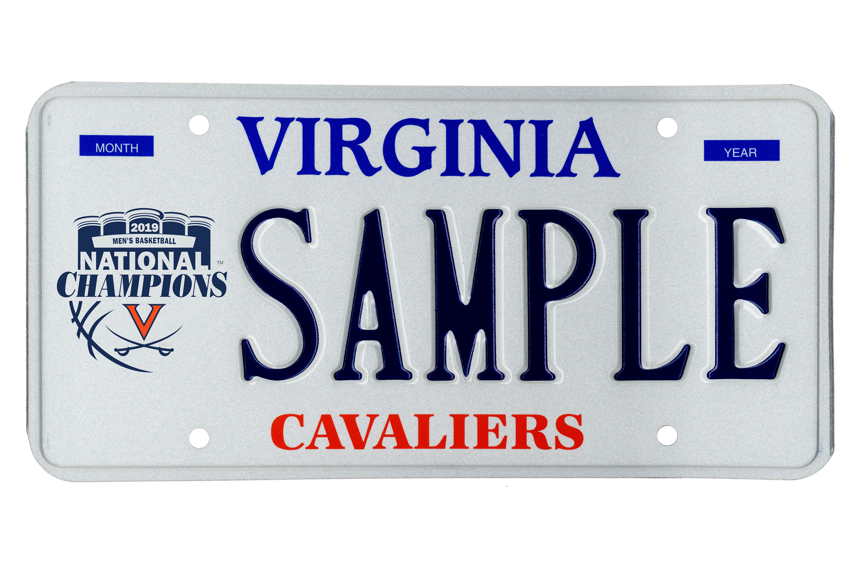 Virginia Licence plate have V saber logo with the text 2019 Men's Basketball National Champions and on the bottom middle of the plate it says Cavaliers