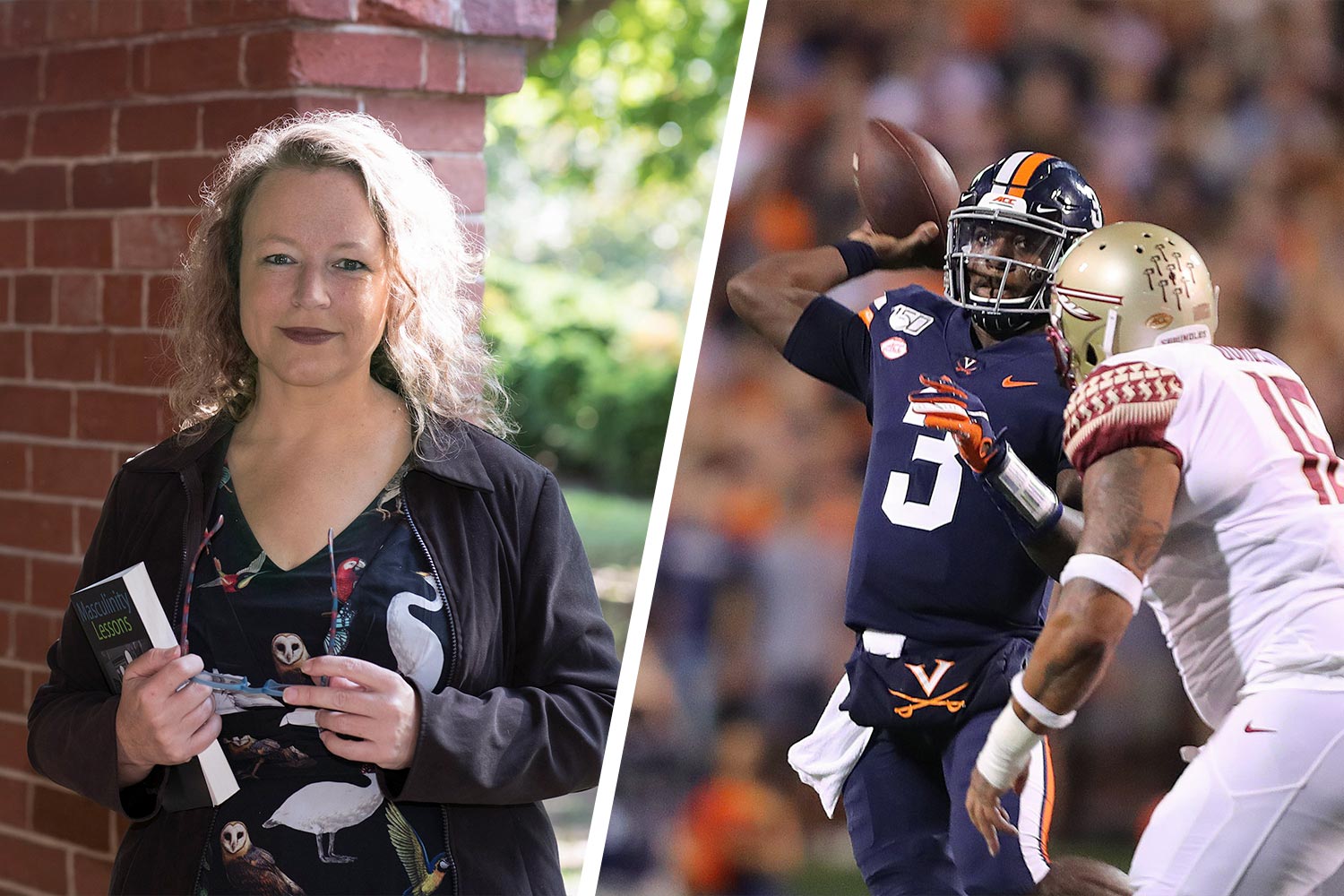 Left: Headshot of Lisa Speidel  Rigth: Bryce Perkins throwing a football down the field during a game
