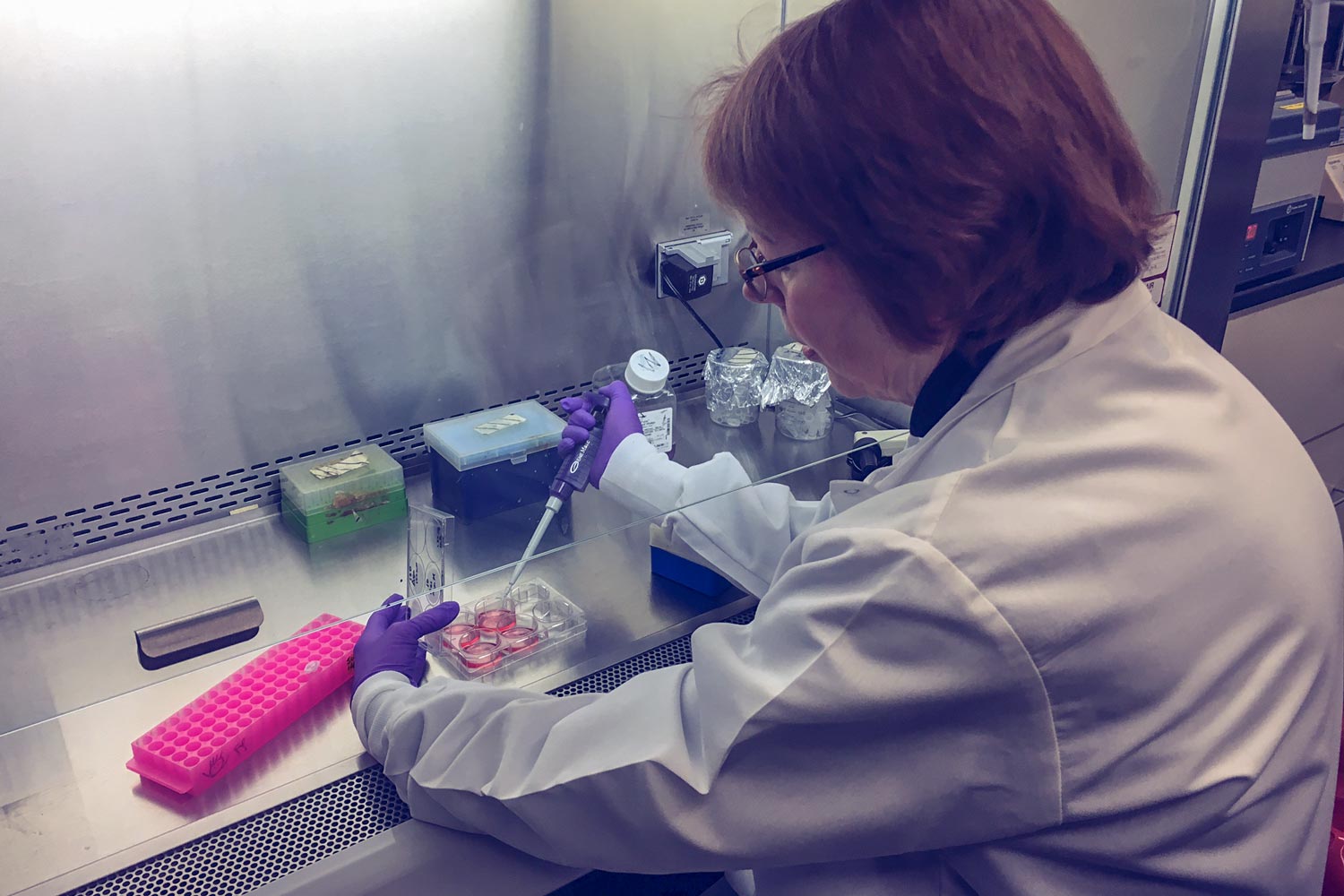 Researcher Lorrie Delehanty’s working in the lab