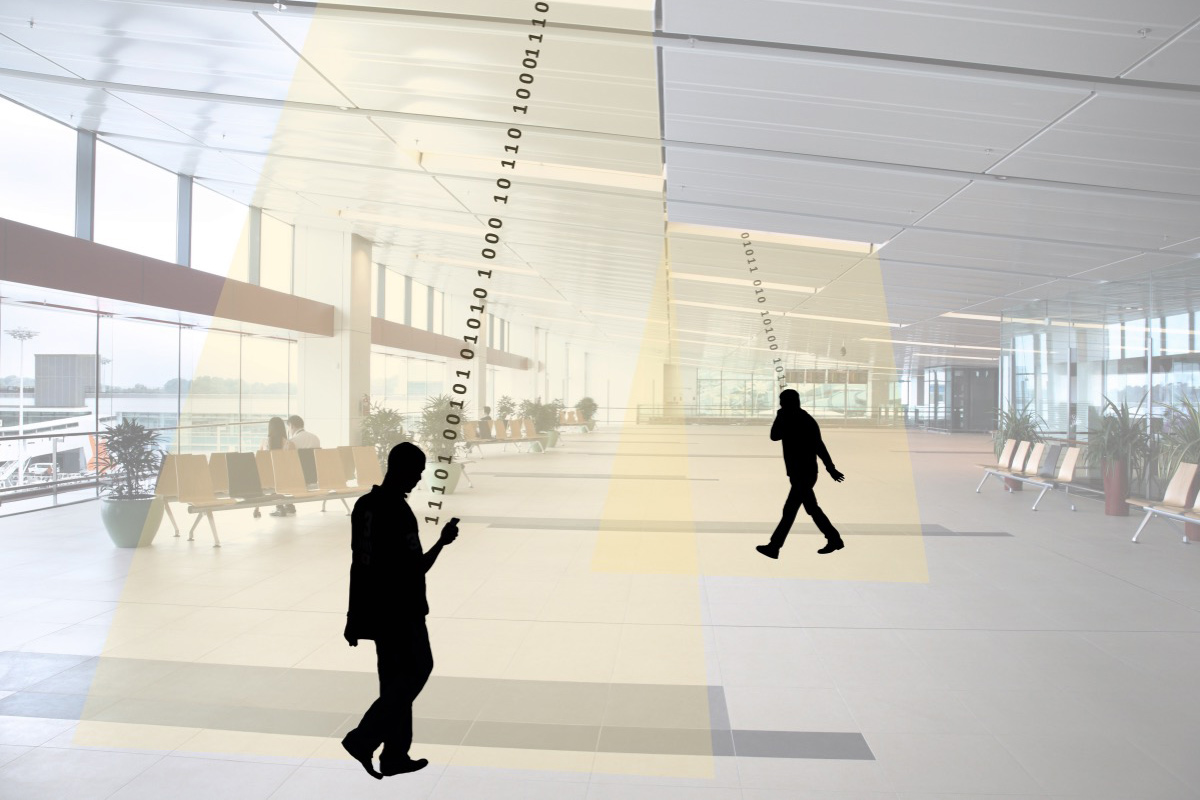 Illustration of two people walking and yellow beam shine on them with ones and zeroes  going from their phones to ceiling.