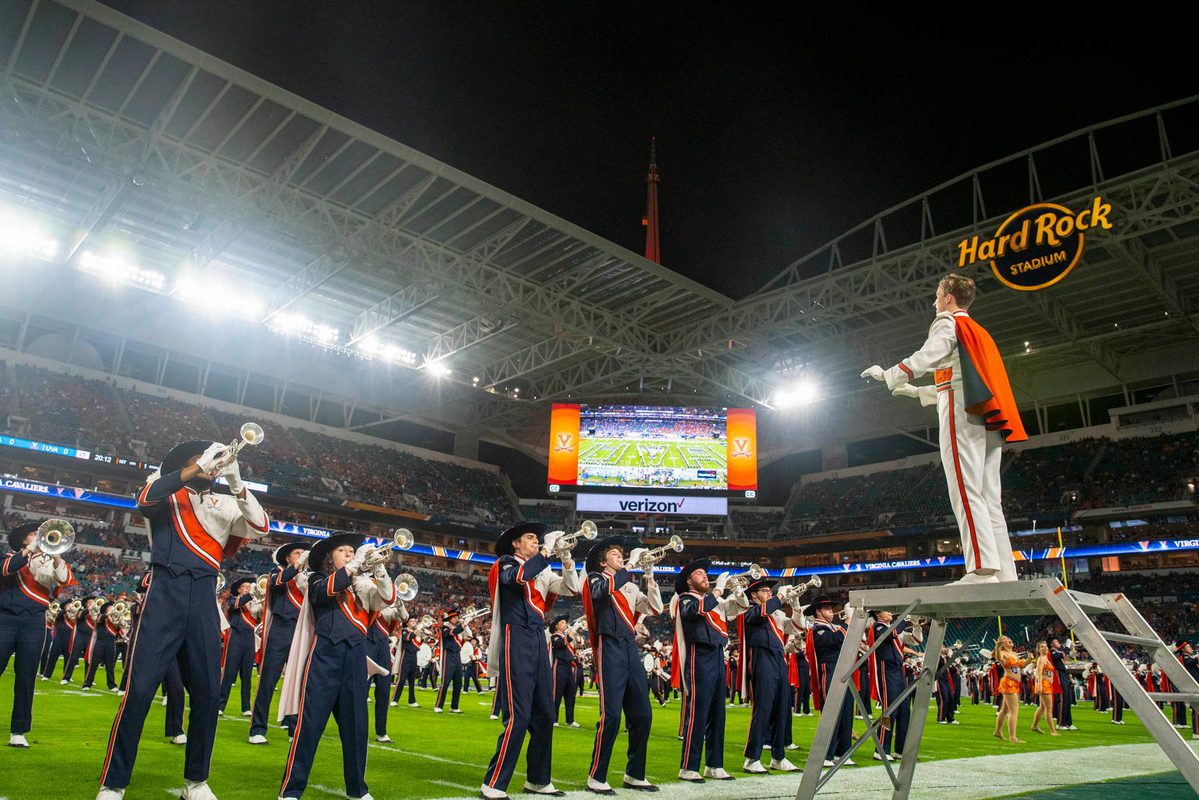 The Cavalier Marching Band performing on the field