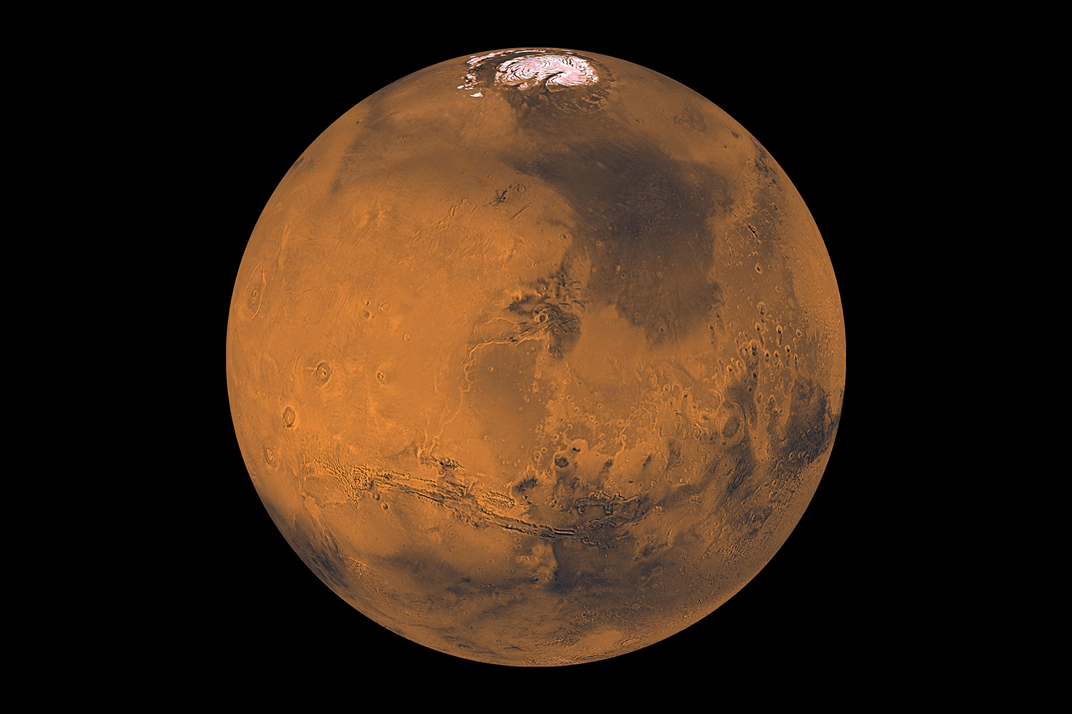 Mars with an orange color with the north pole a pink white color