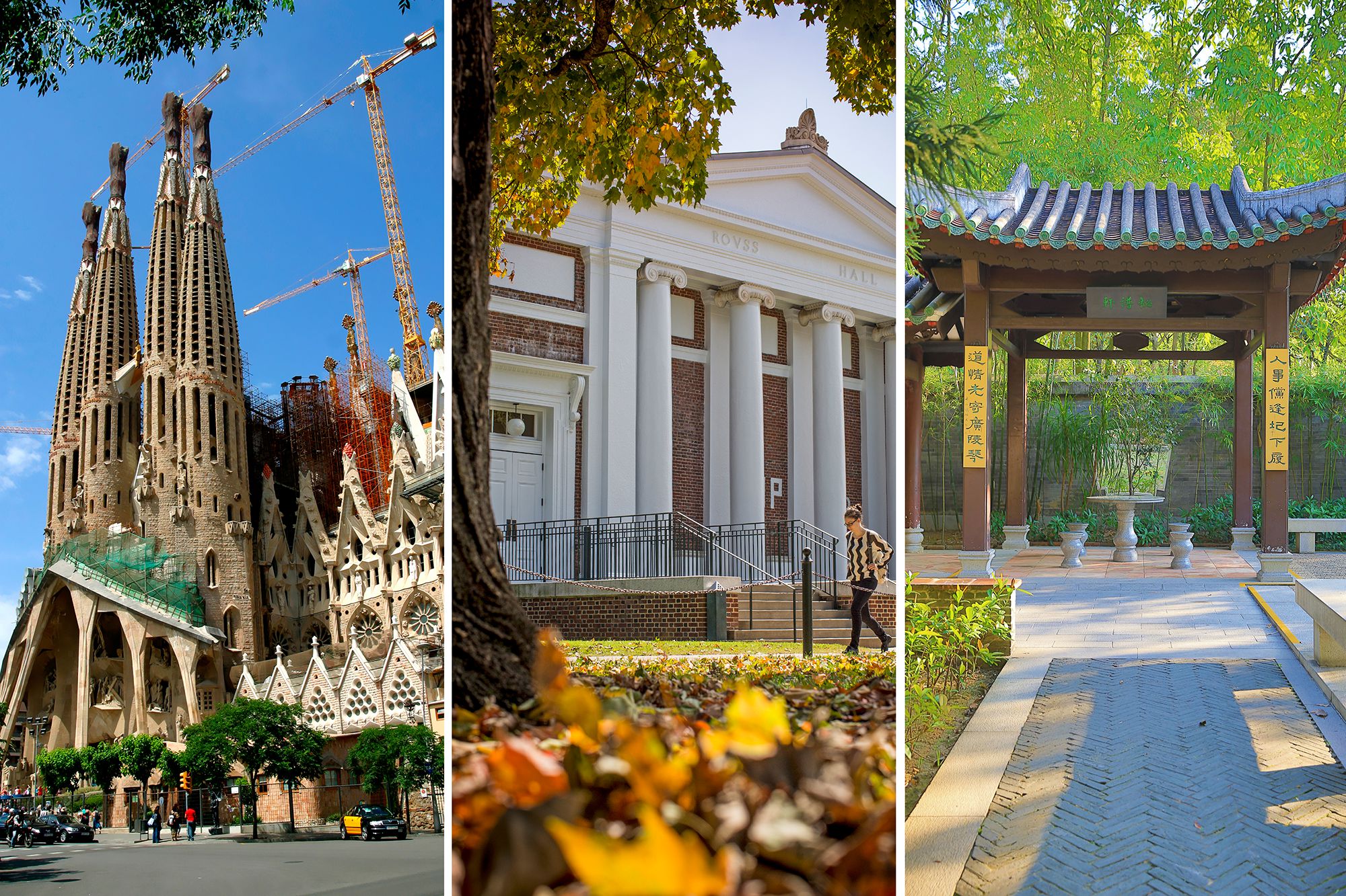 Images of elaborate buildings.  Left to right:  ESADE Business School in Barcelona, Spain, Rowss Hall  at UVA, and Lingnan (University) College at Sun Yat-sen University in Guangzhou, China.