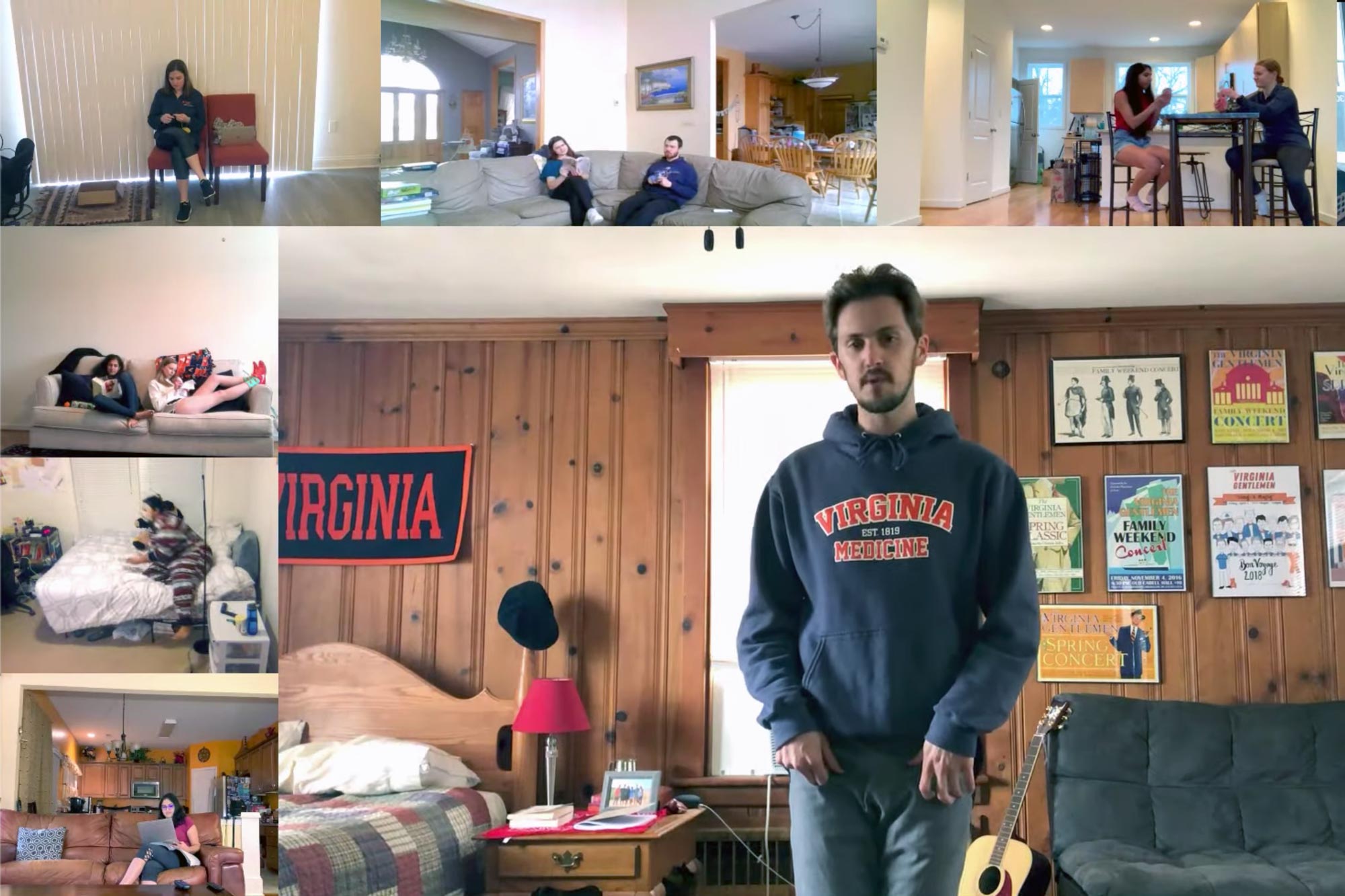 multiple images of students in their homes doing various activities