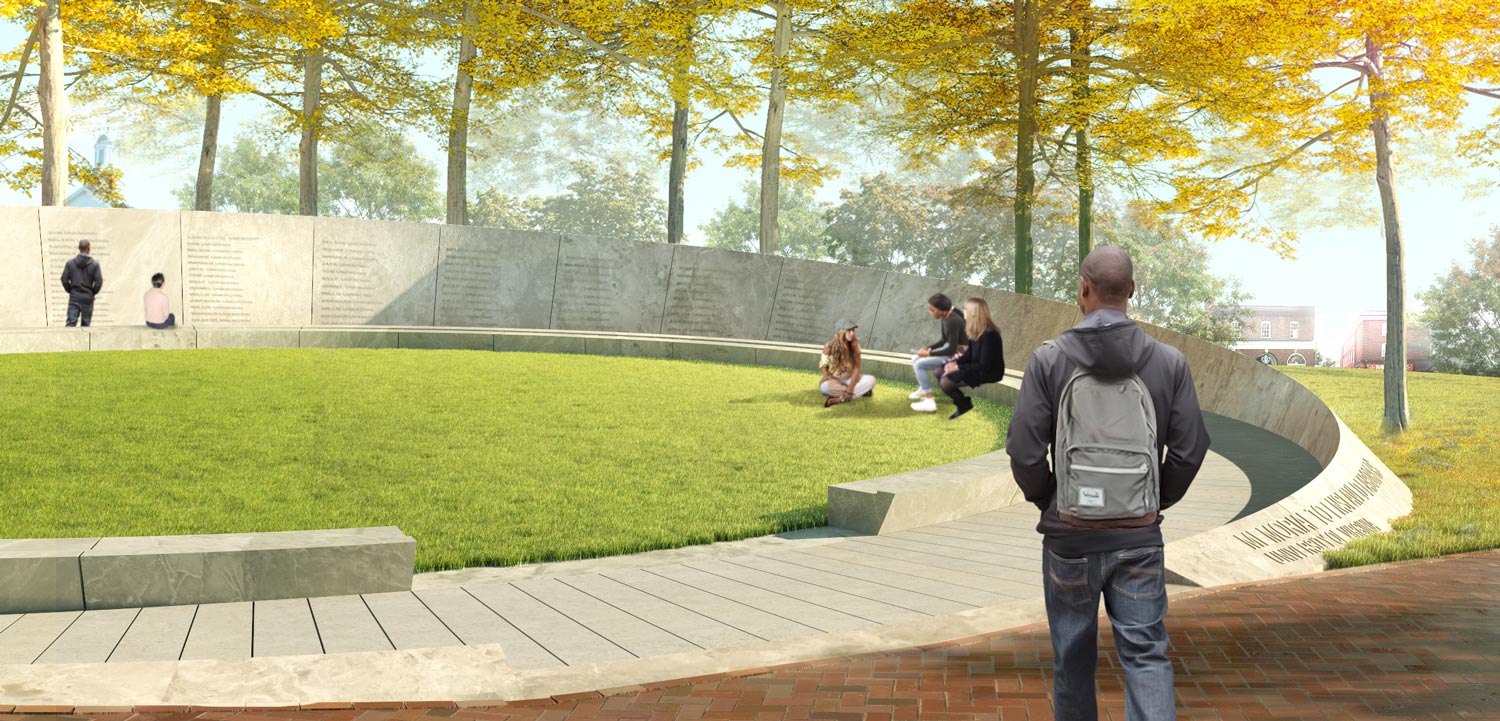 Digital drawing of the Memorial for Enslaved Laborers with people standing and sitting at the memorial