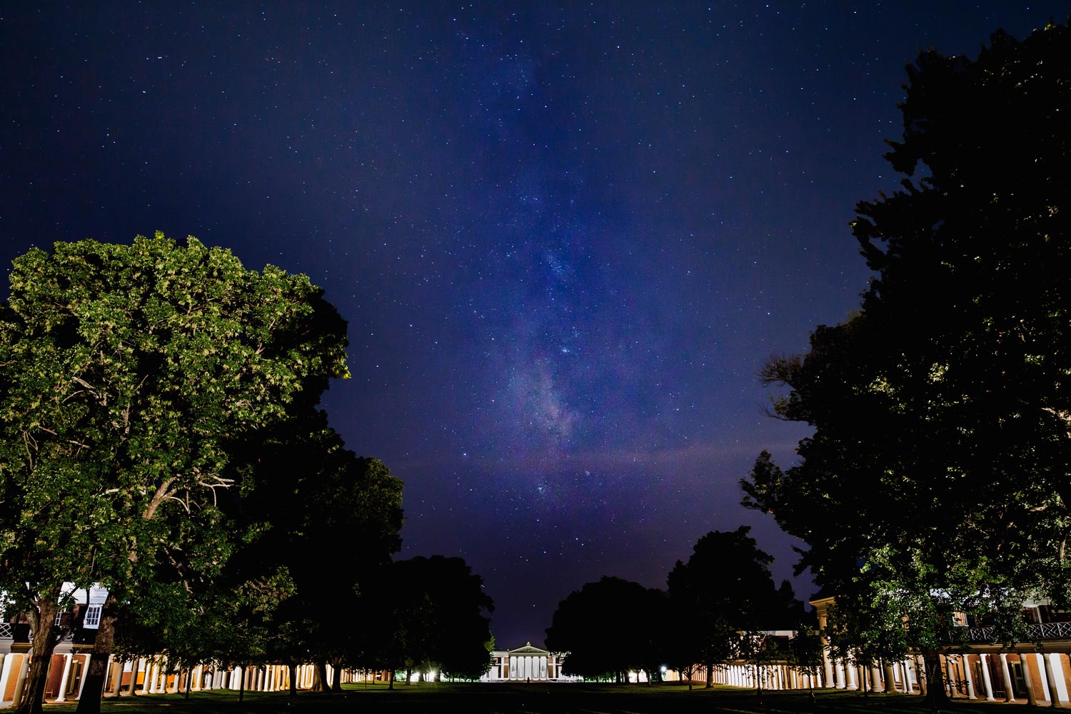 View of Cabell hall from the Rotunda at night time with Milkyway visible 