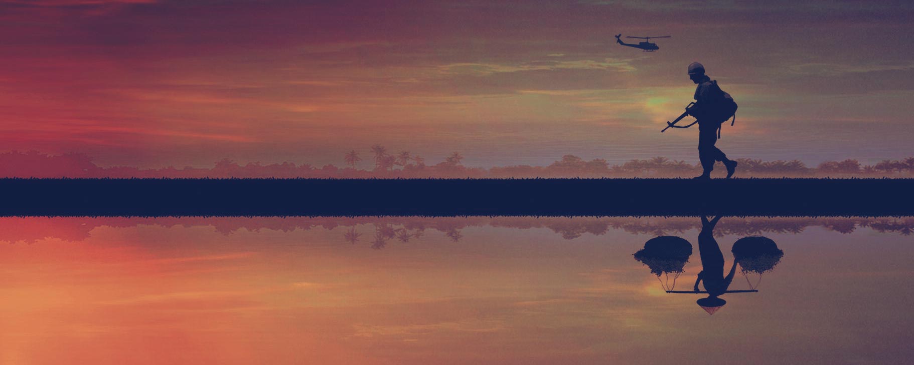 Silhouette of a soldier walking and a helicopter over head.  the reflection in the water changes from a soldier to a rice worker 