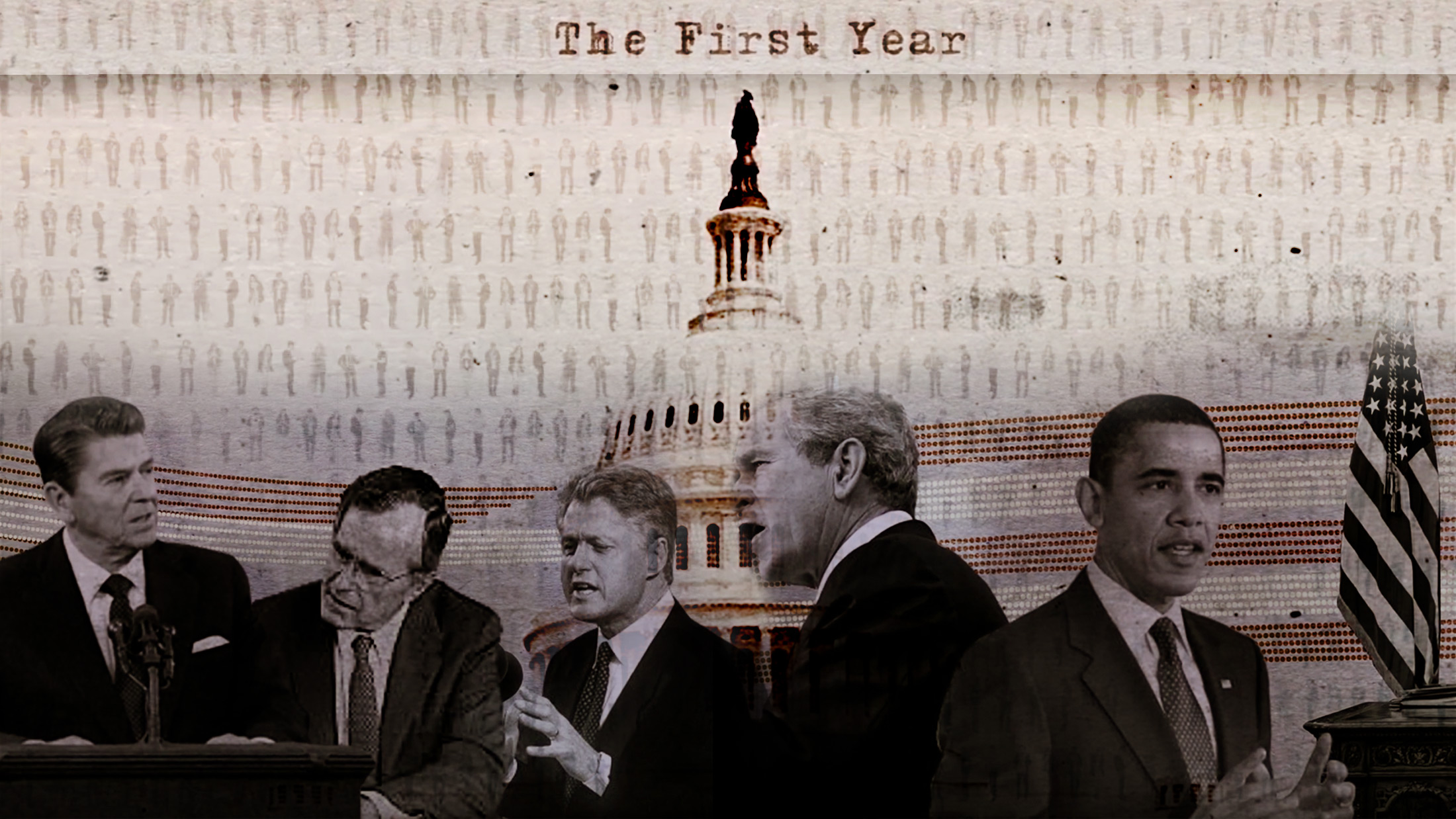 Collage of presidents, people standing, and the US capitol with the text that reads: First year