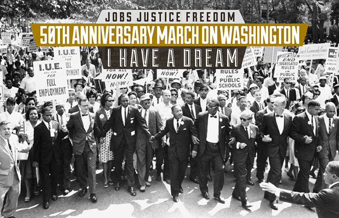 Text reads: Jobs, Justice, Freedom.  50th Anniversary March on Washington.  I have a dream