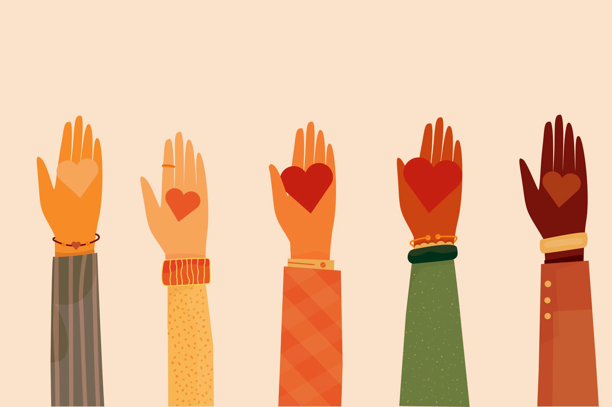Illustration of 5 different colored hands raised each with a different colored heart in their hand