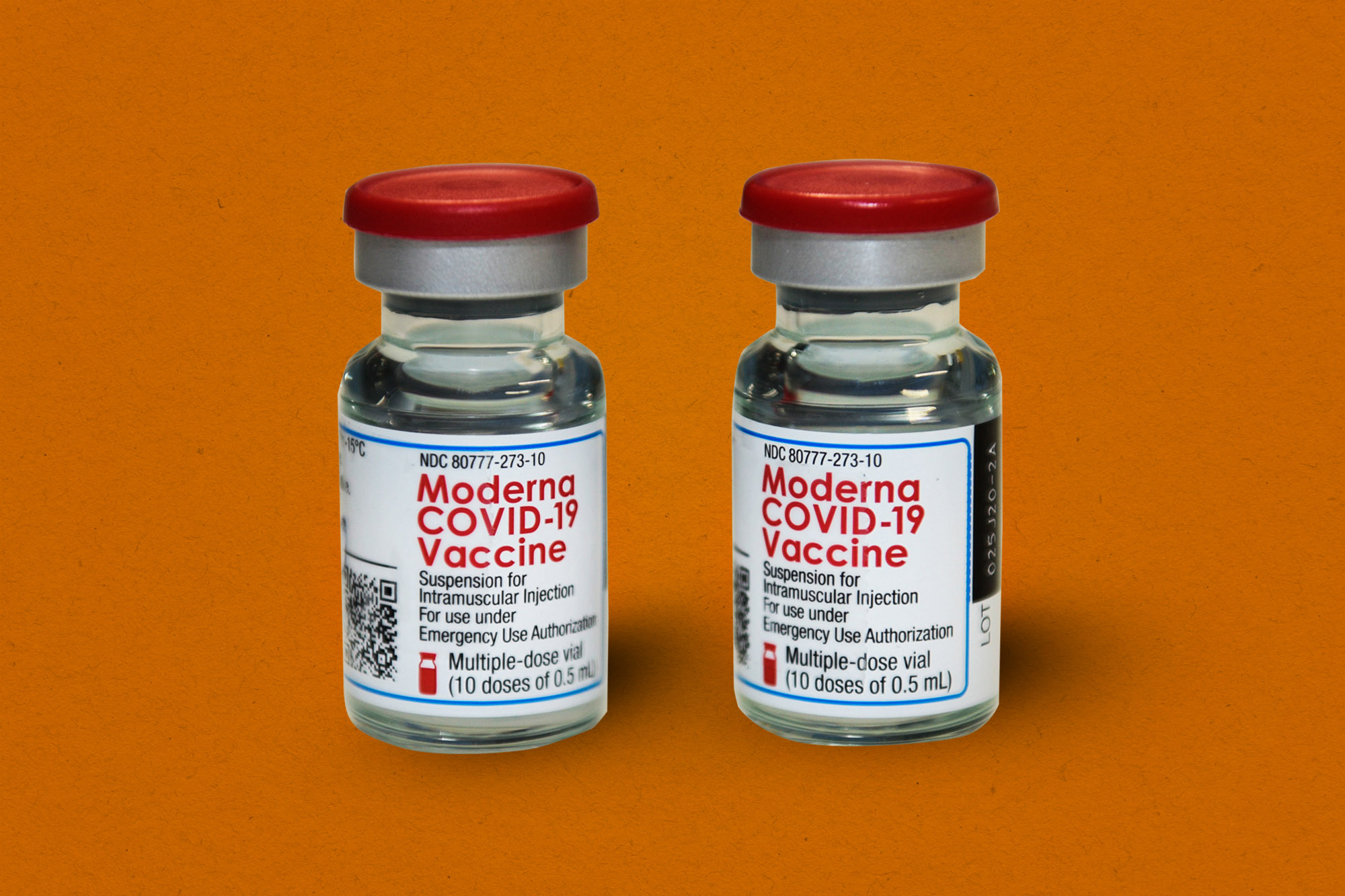 Two vials of the Moderna covid-19 vaccine