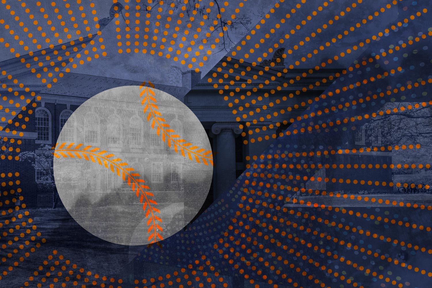 Illustration of a baseball overlaid on top of a UVA building