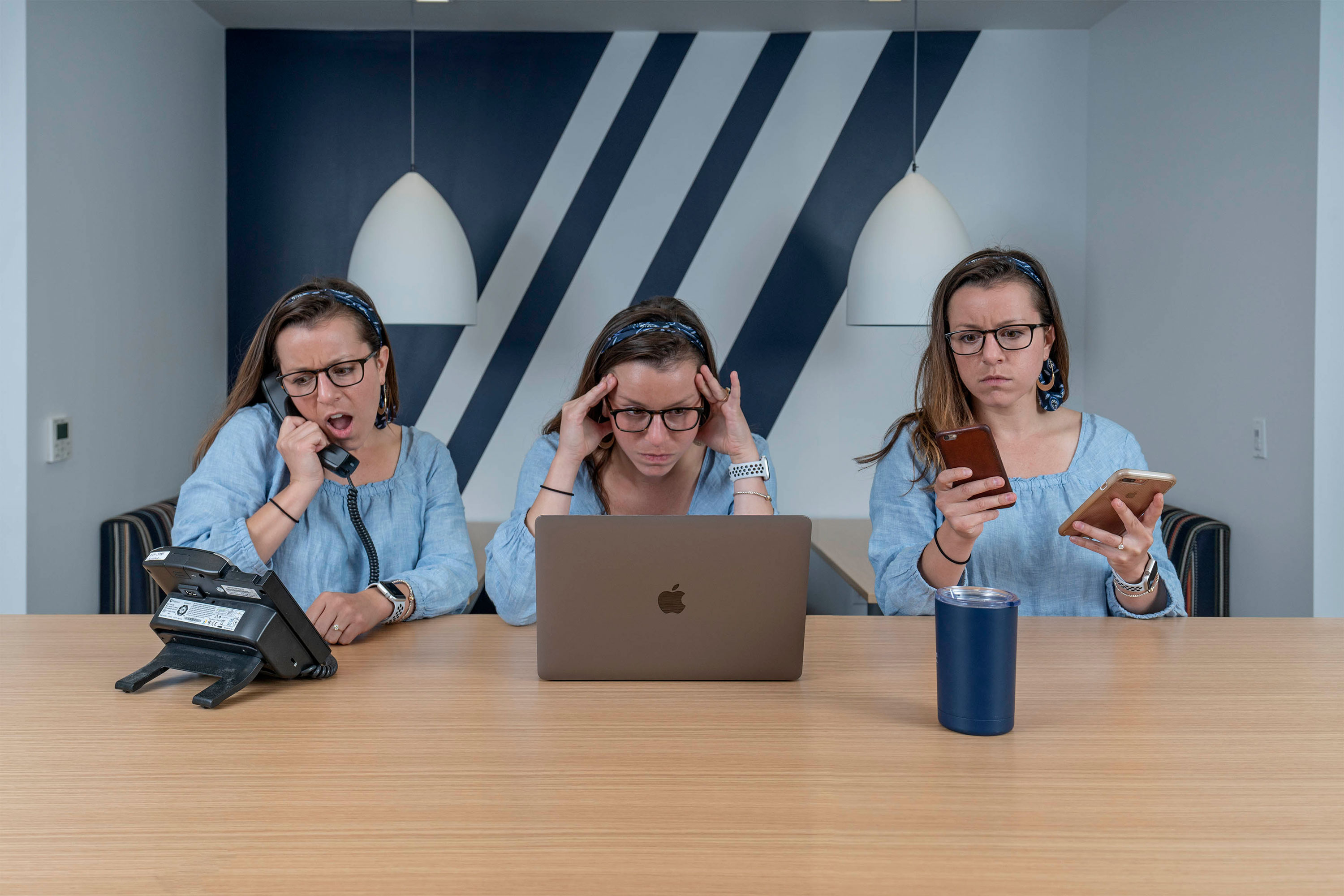 one woman in three different poses.  Left: answering a phone with a shocked expression Middle: Working on her laptop with her hands on her temples Right: Holding and trying to work on two cell phones
