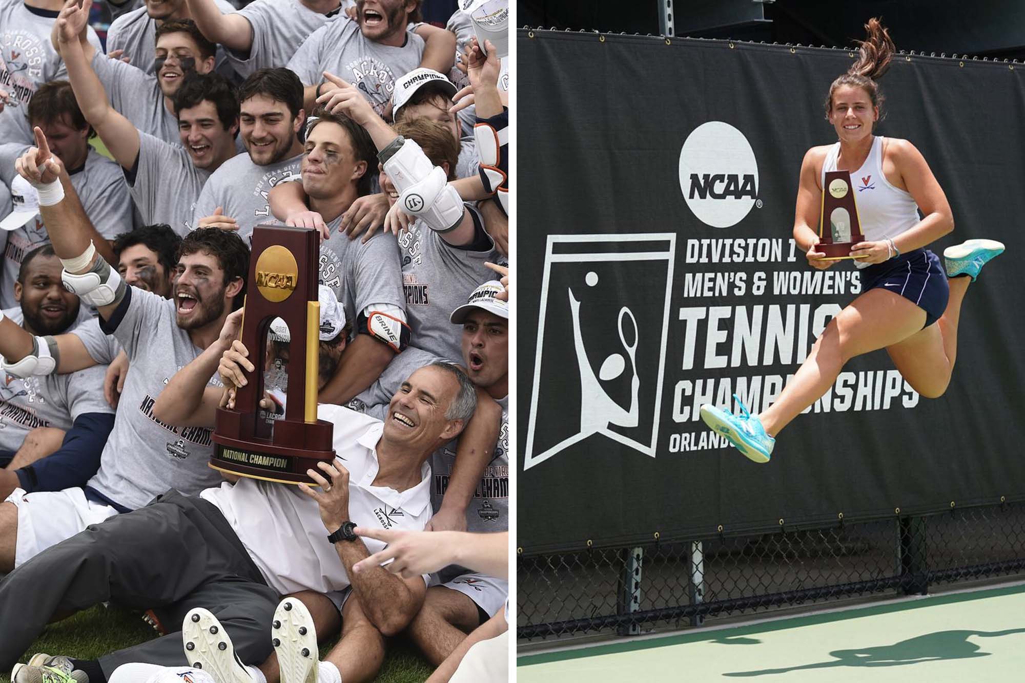 Mens Lacrosse team pile on top of each other as they hold the NCAA championship trophy. (left) and a UVA Womens tennis player does a wolf jump as she holds the NCAA trophy