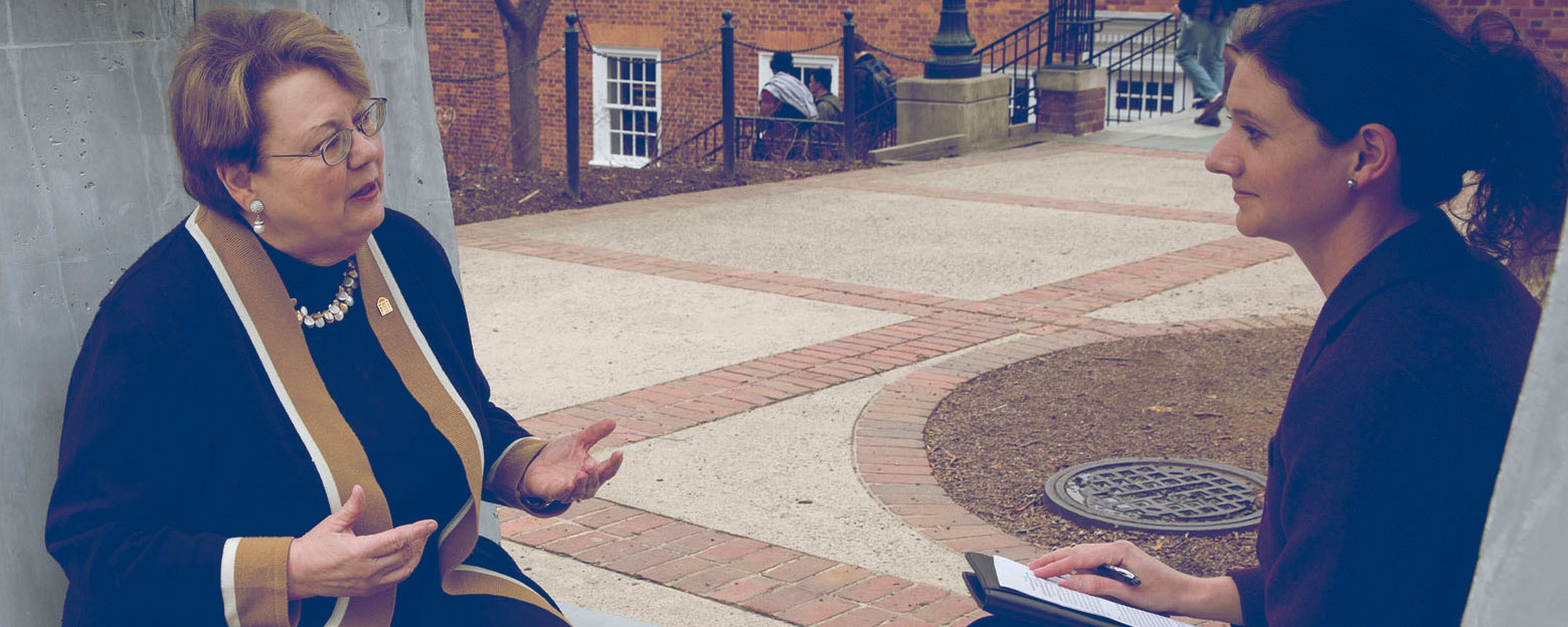 UVA President Teresa A. Sullivan talks to a woman