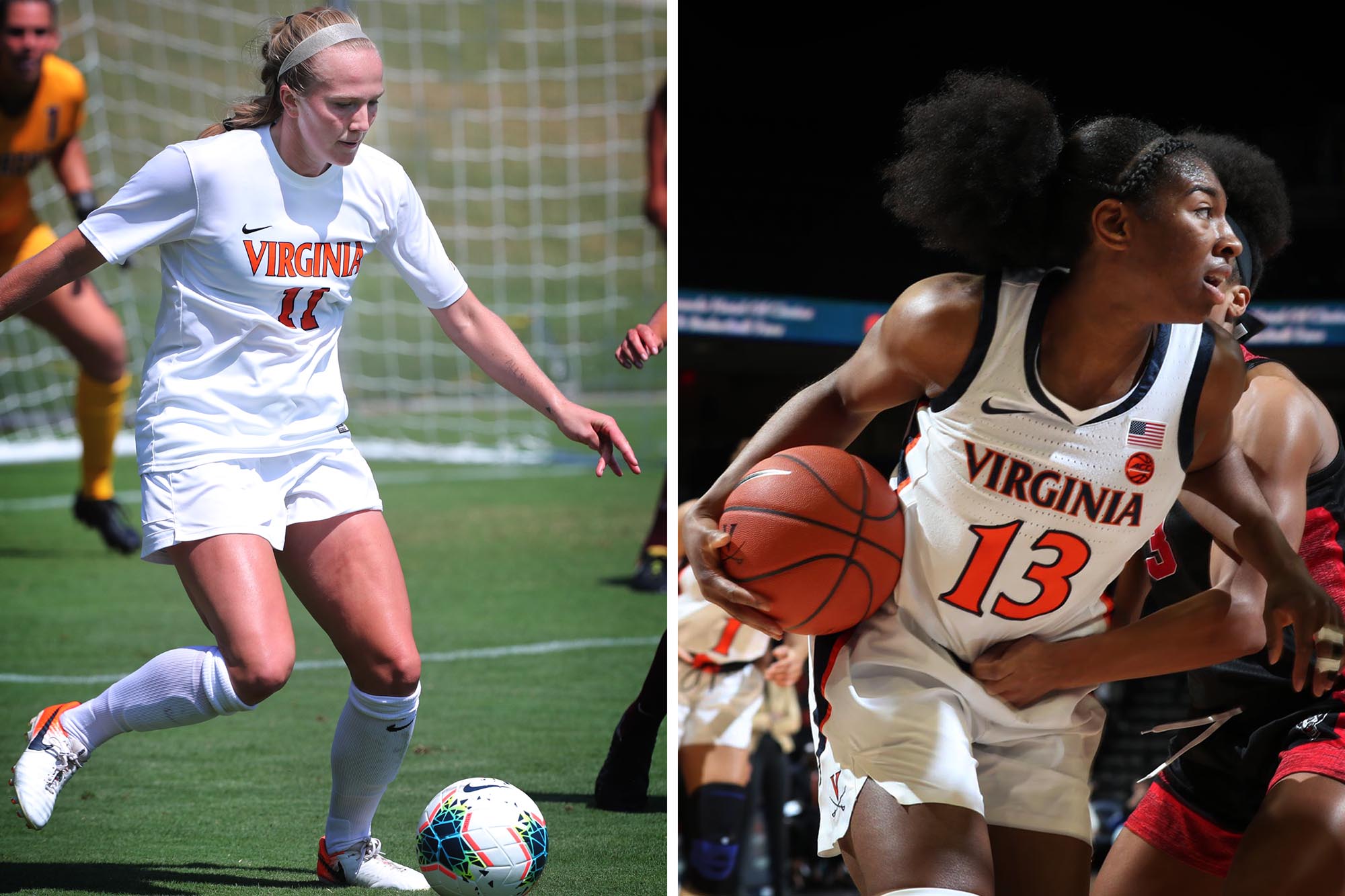 Zoe Morse, left, playing soccer during a UVA game and Jocelyn Willoughby, right, playing basketball during a game