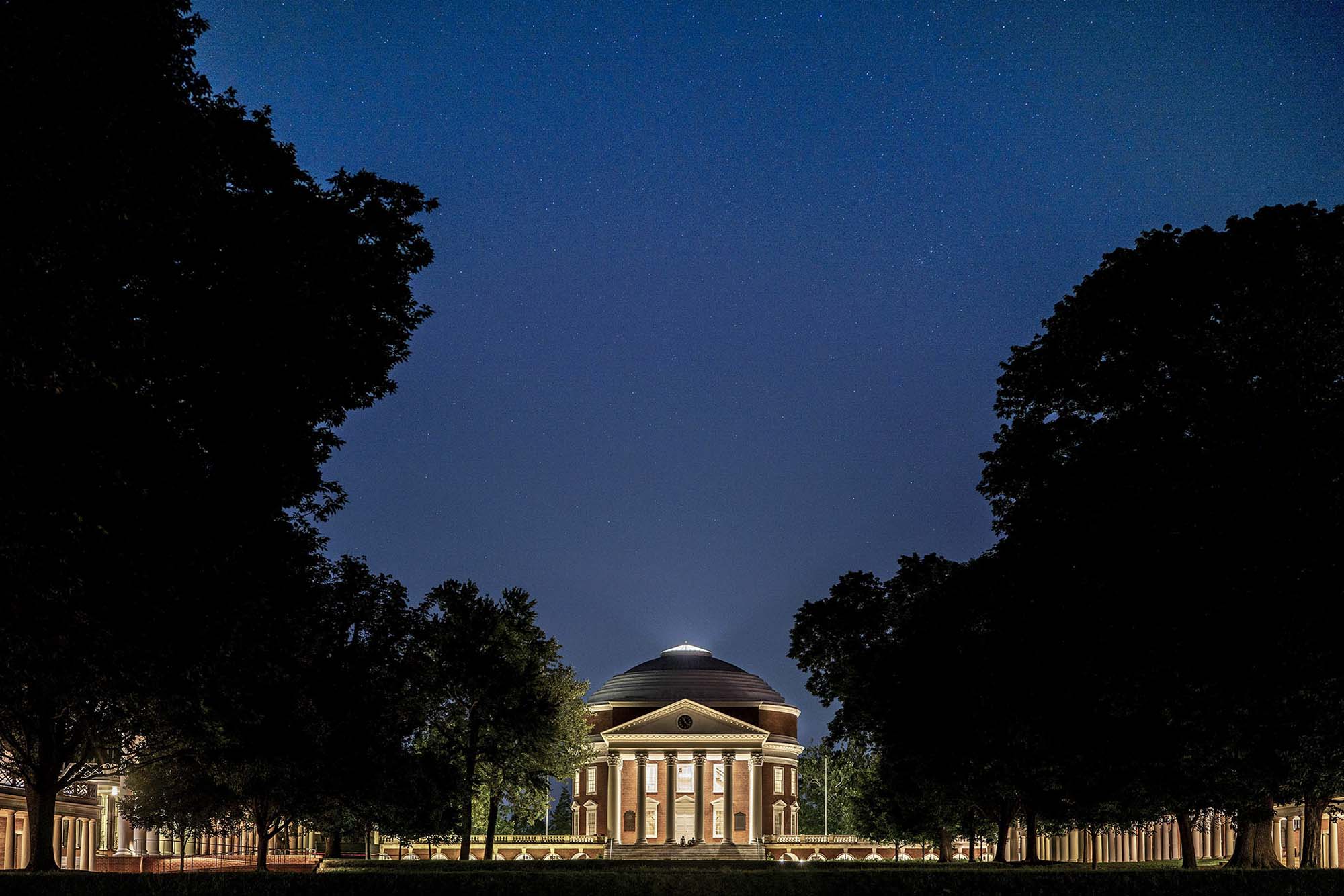 Rotunda lit up by lights at dusk