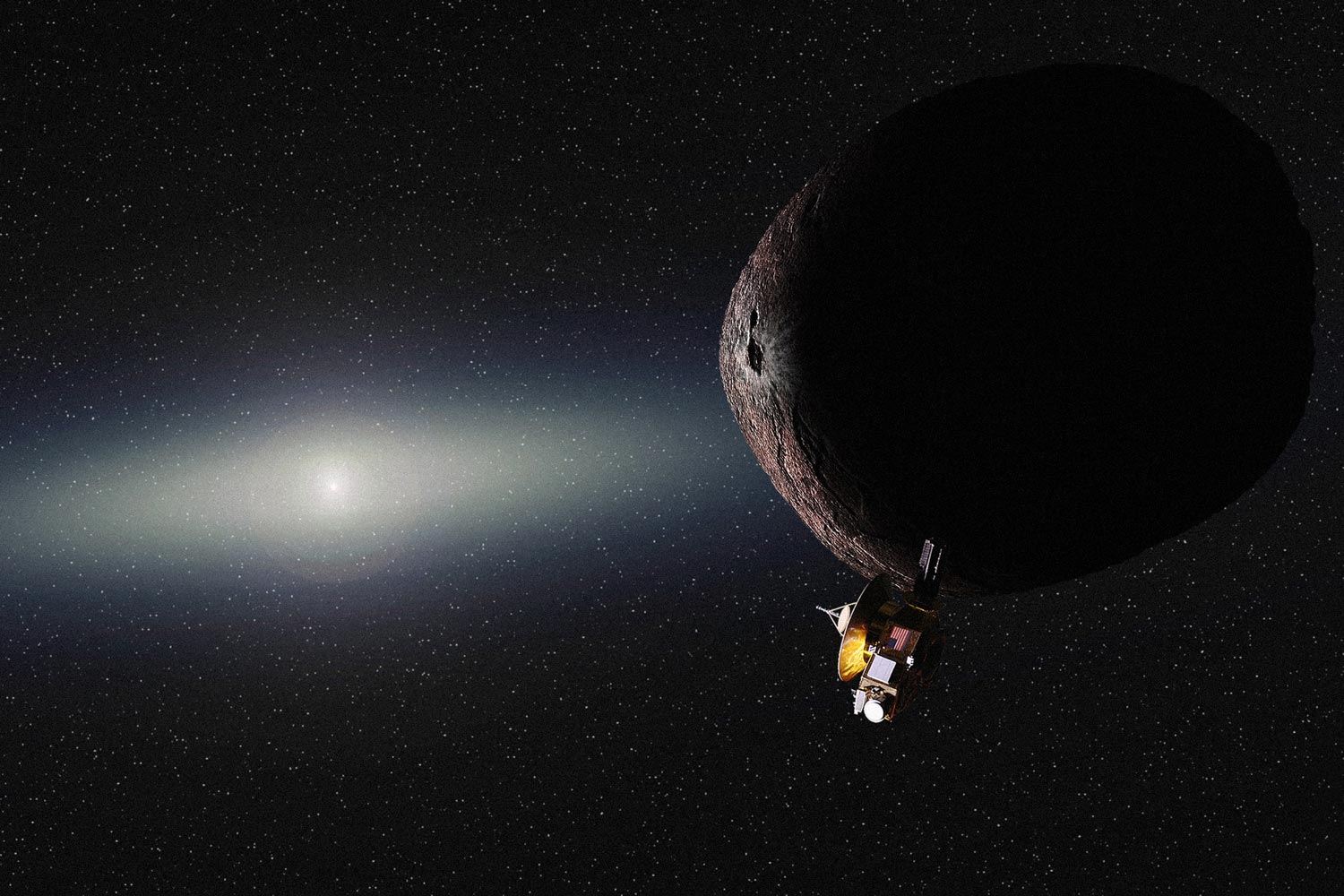 digital rendering of MU69 in space next to MU69