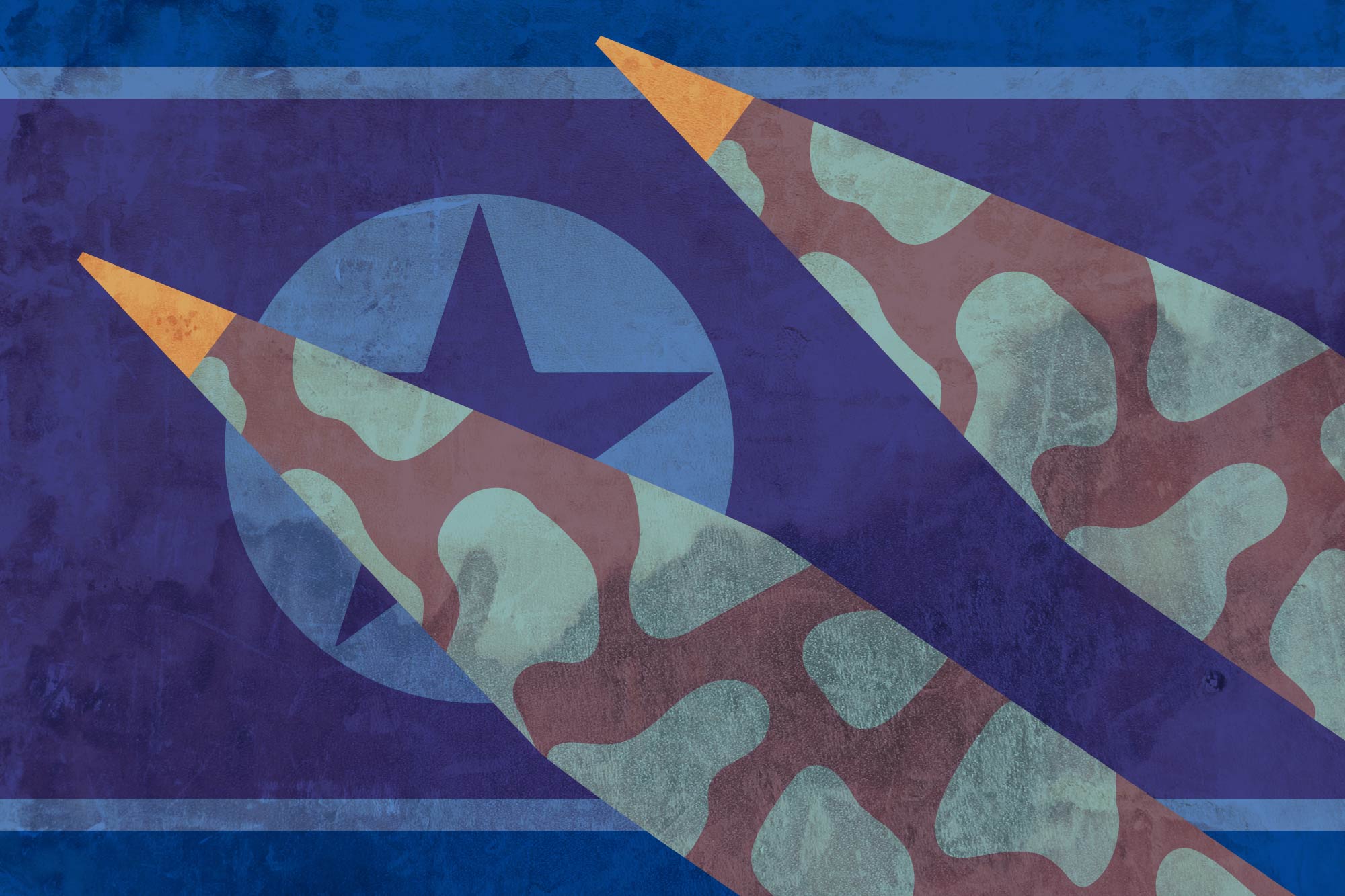 Collage of missiles and North Korean flag
