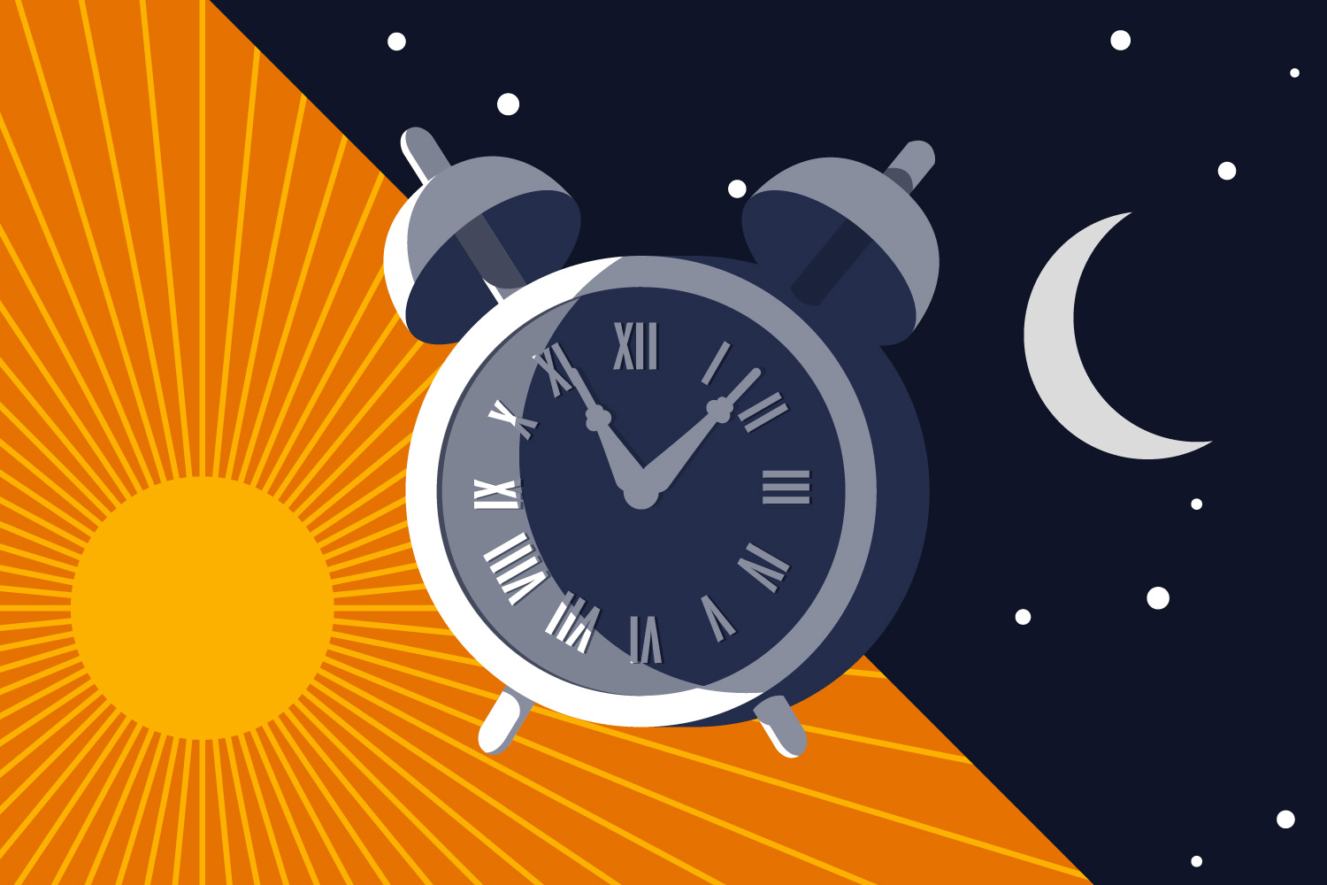 Illustration of a sun on the left and moon and stars on the right.  An alarm clock is in the middle