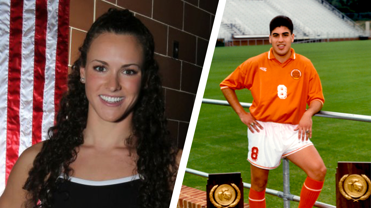 Headshots left to right: Lauren Perdue and Claudio Reyna standing in soccer uniform with NCAA trophies