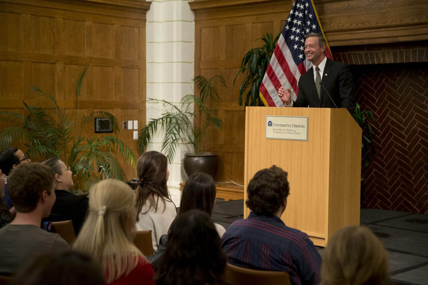 Martin O’Malley speaking at a podium to a group of students