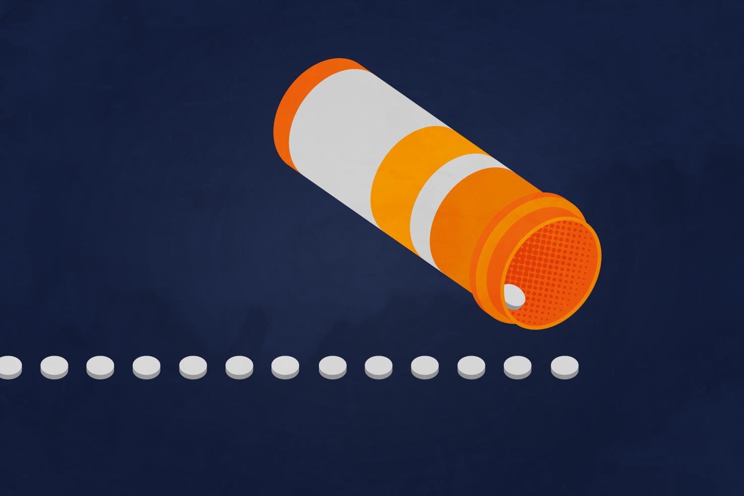 Illustration of a pill bottle with pills lined up and one pill inside of it
