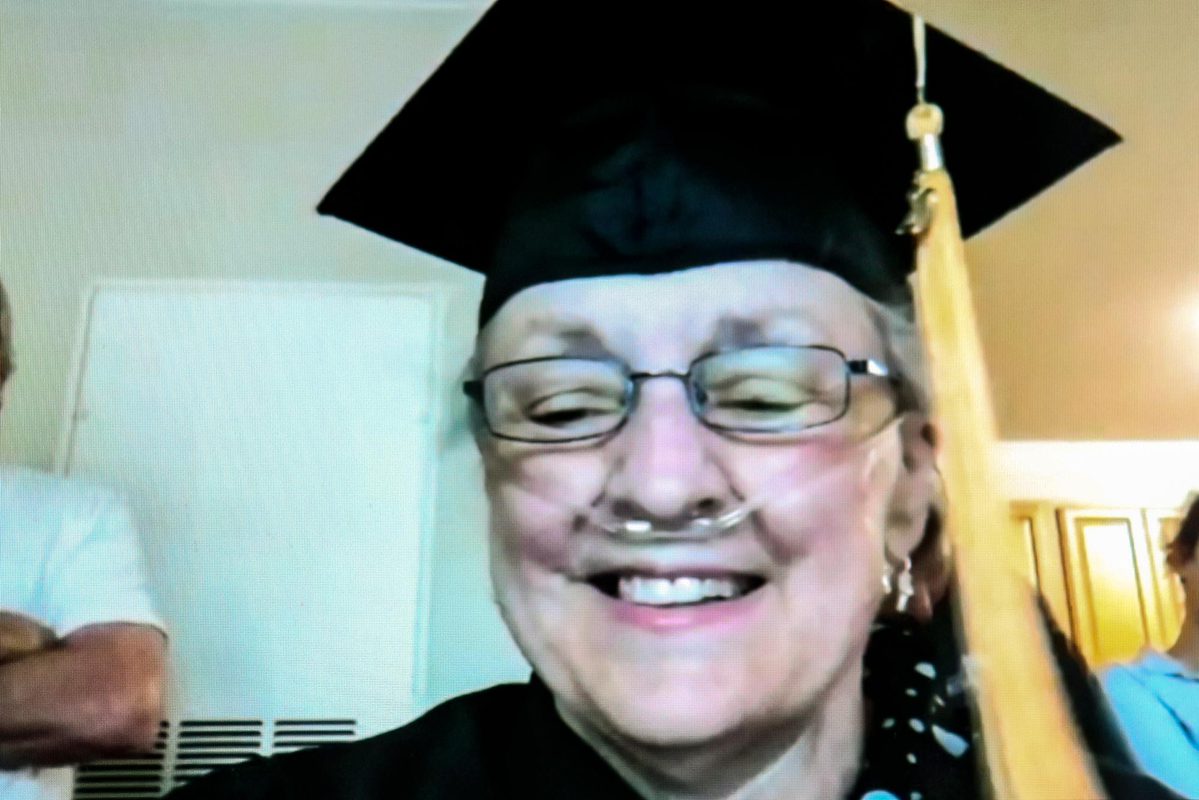 Pam Sierschula, smiles during her zoom graduation