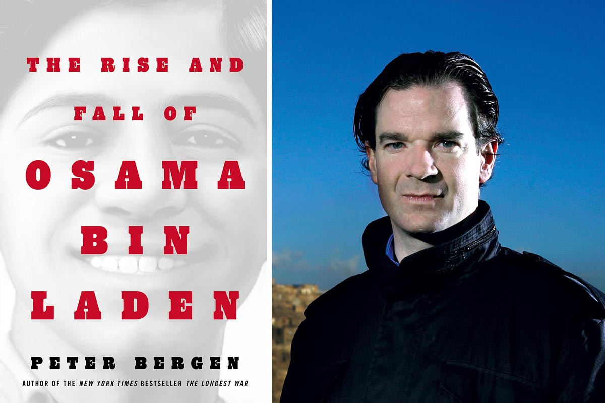 Left book cover reads: The rise and fall of Osama Bin Laden by peter bergen Right: headshot of Peter Bergen