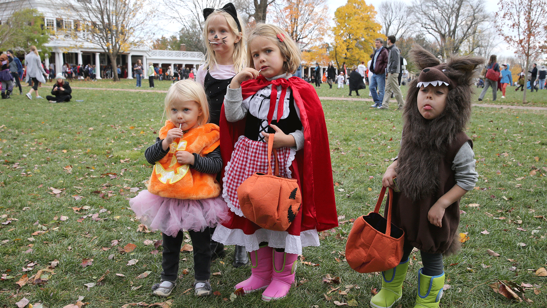 Little children dressed up in various costumes on the Lawn