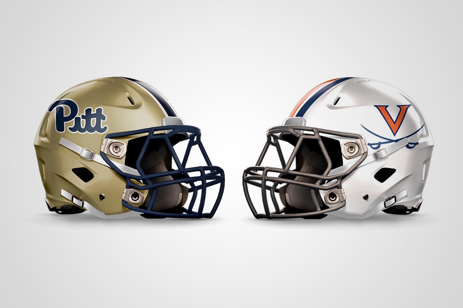 Left: Gold Pittsburg football helmet Right: UVA football helmet