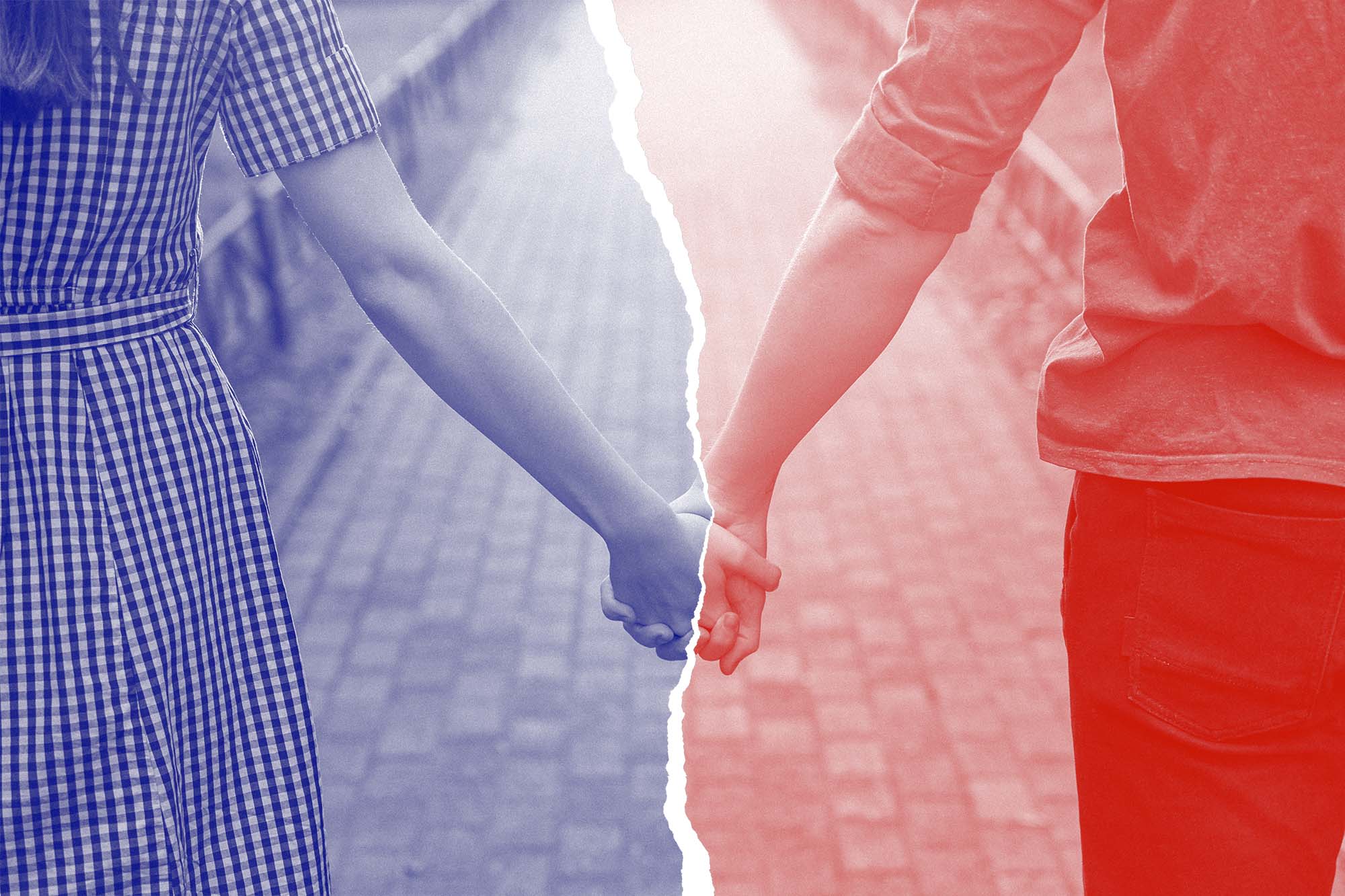 Woman, left, and Man, right, holding hands.  Woman has overlay of blue and man overlay of red with a white crack between the pictures
