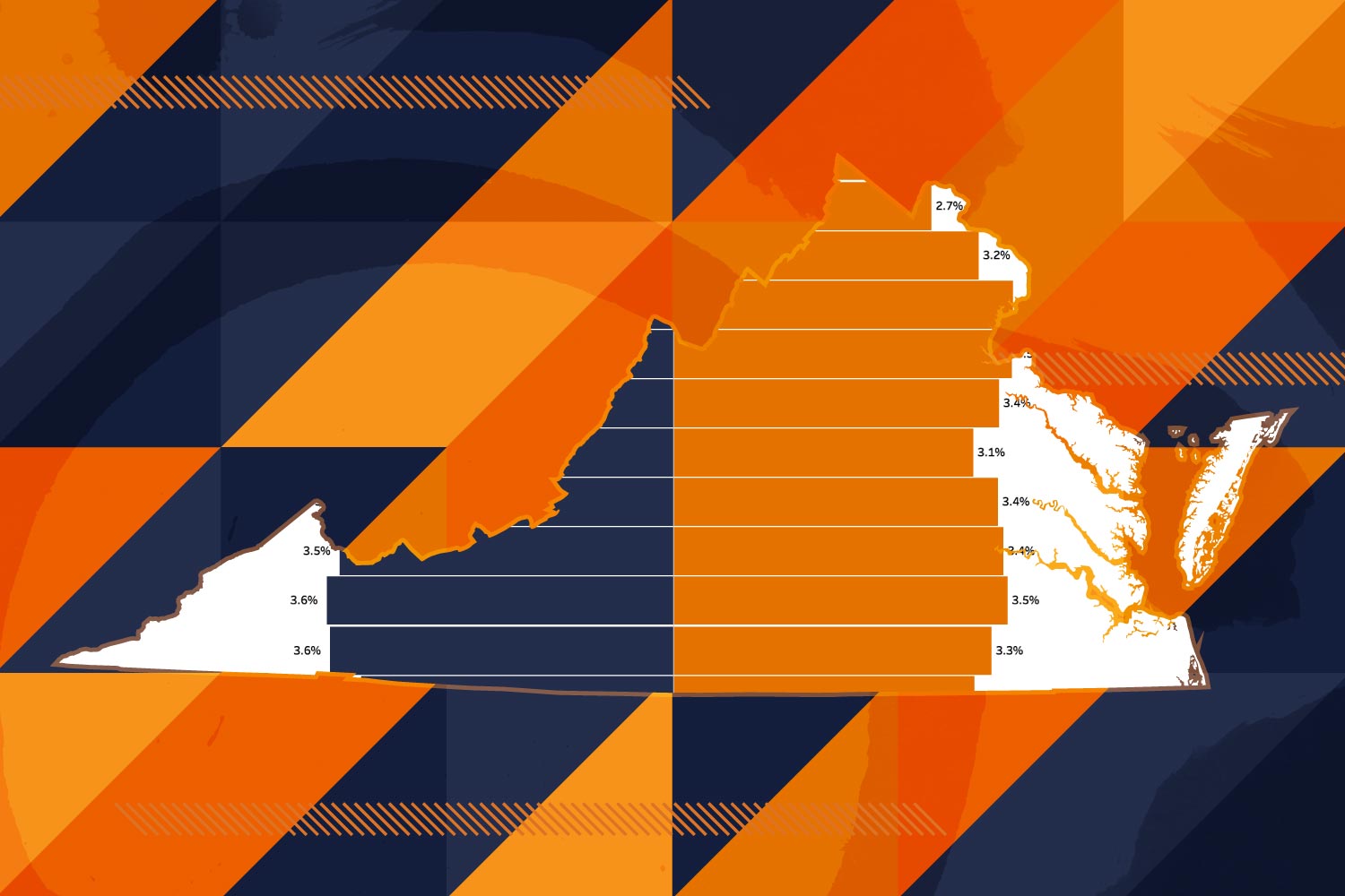 illustration of Virginia with geometric shapes in the background and a blue and orange graph on the state