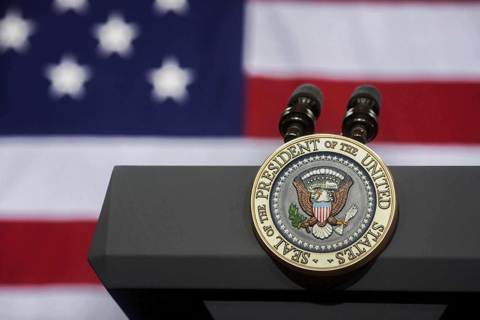 Close up view of the President of the United States' podium with the Presidential seal on it