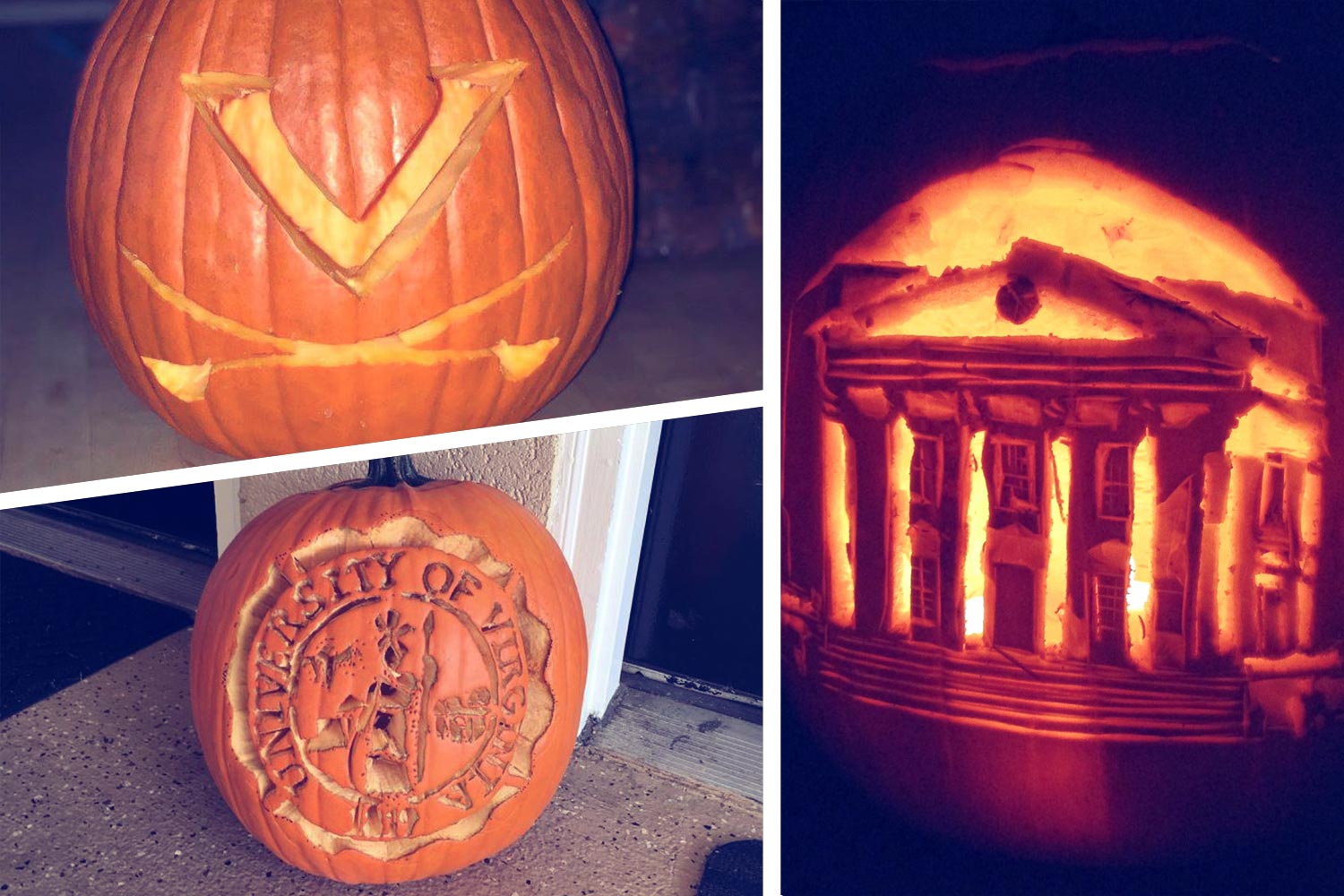 Top left: Pumpkin with V saber, Bottom Left: UVA Seal carved into a pumpkin, Right: the Rotunda carved into a pumpkin