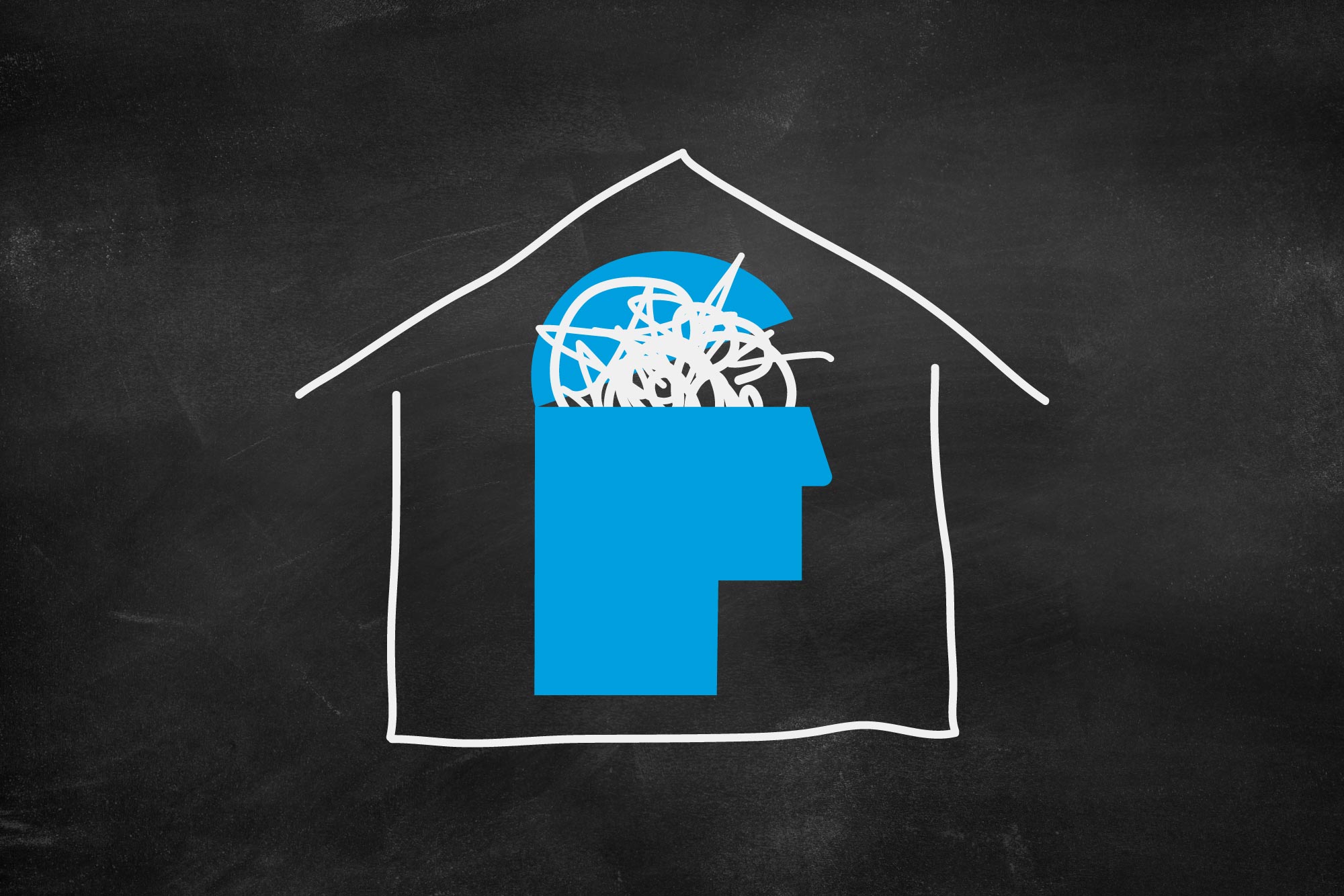 Illustration of a basically drawn house with a blue profile of a head with the forehead cut open with white squiggle marks coming out