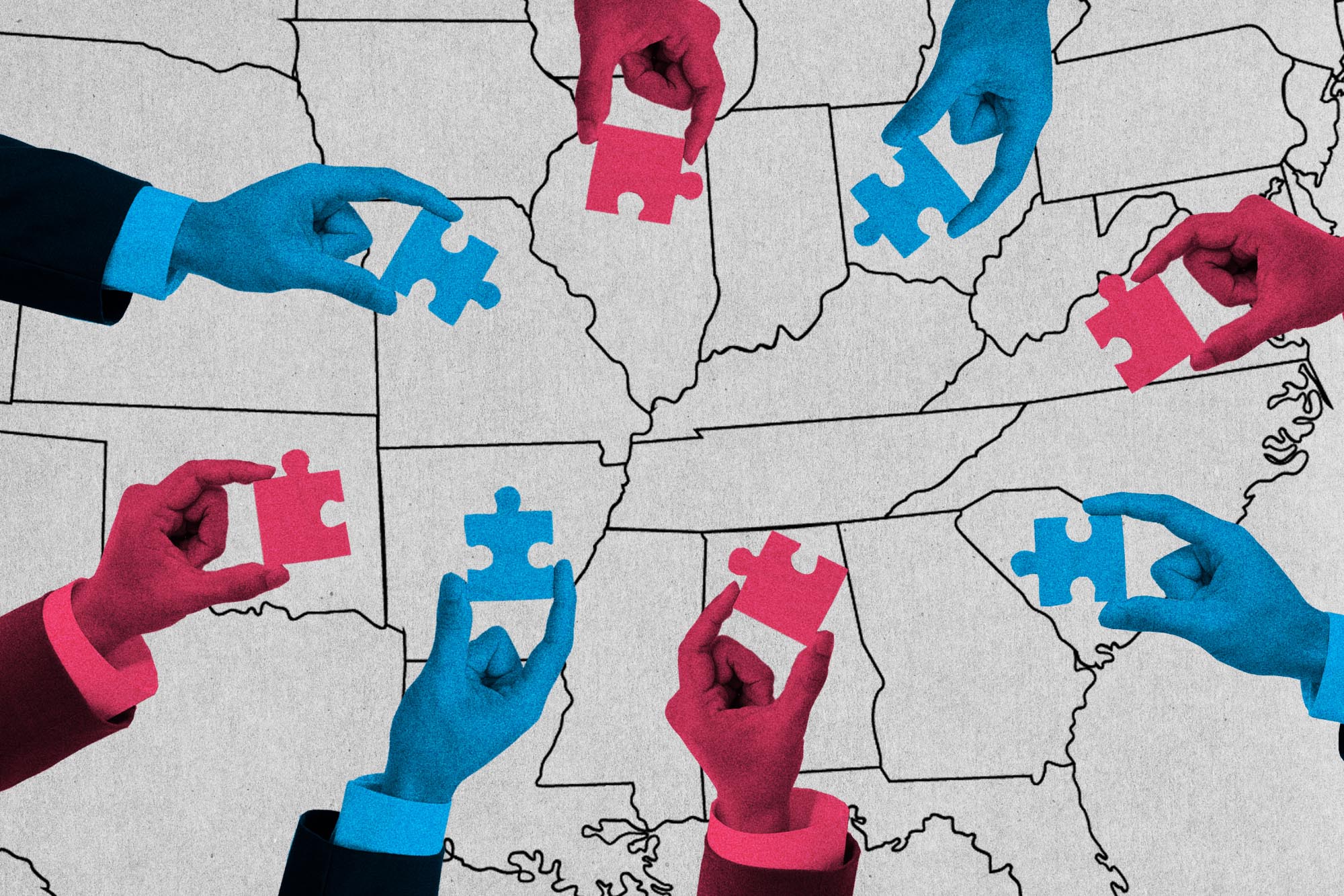 Map of the United States with 8 hands, 4 red, and 4 blue holding color pieces that match their hands